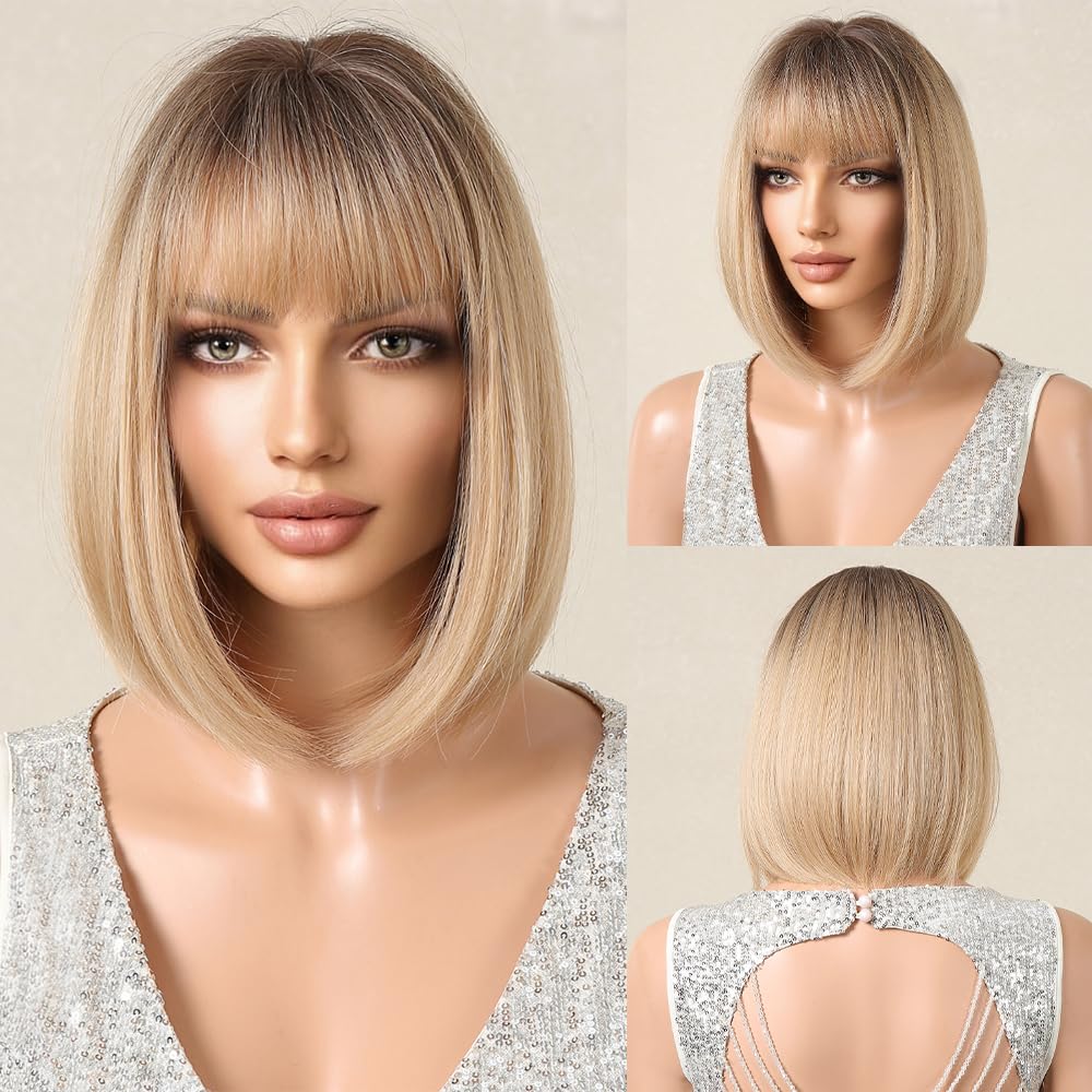 Tumhorn Short Straight Bob Wig with Bangs Highlight Layered Blonde Wigs for Women Synthetic Natural Looking Wigs