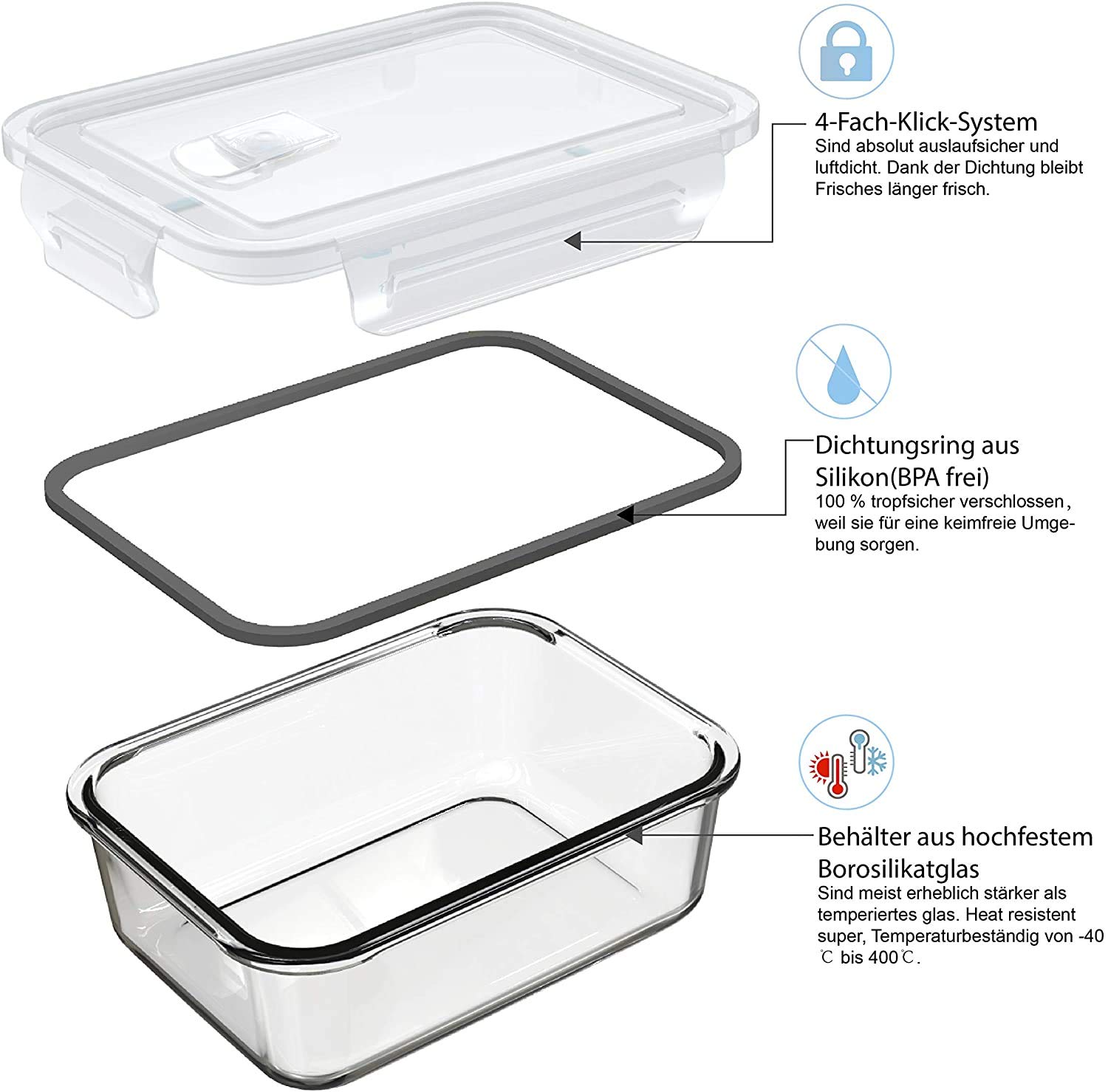 GENICOOK Lunchbox Boîte à lunch bento avec sac à lunch/bocaux en verre parfait pour la préparation des repas (5 * 840 ml)