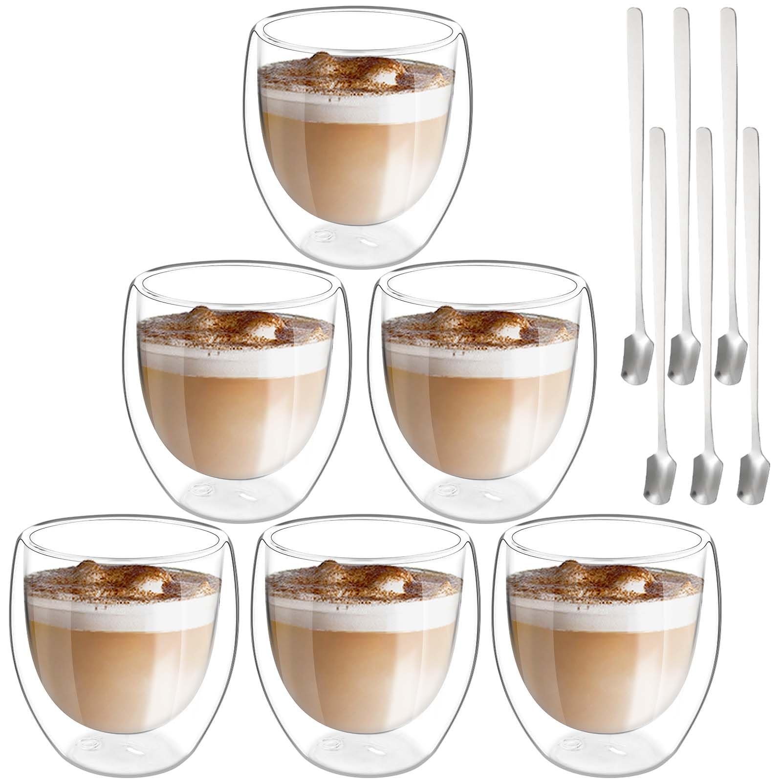 Latte Macchiato Set di tazze da caffè a doppia parete, 6 bicchieri da 250 ml, a doppia parete con 6 cucchiai, cappuccino, tazze da caffè, caffè gelato, bicchieri termici