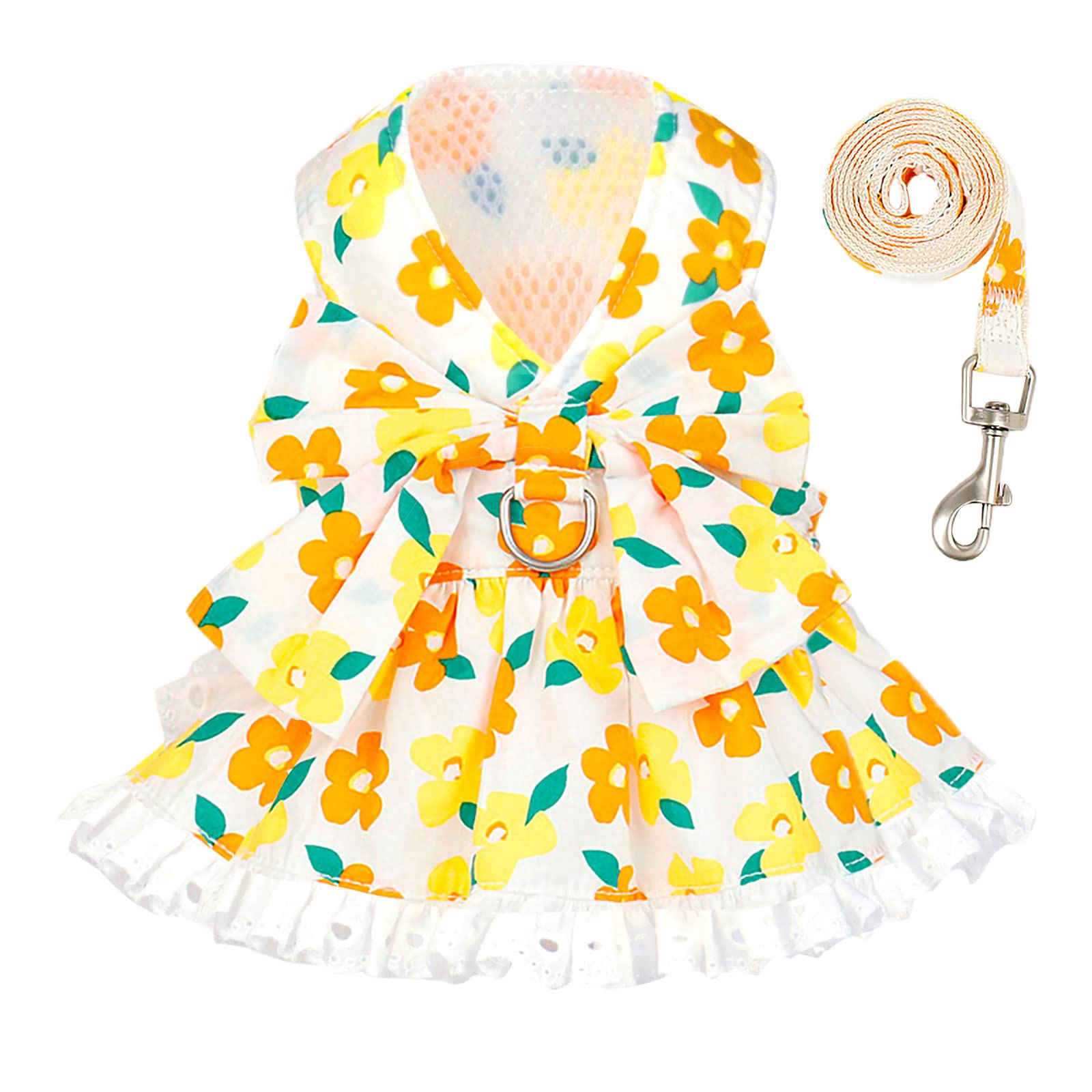 ABRRLO Dog Harness Dress Leash Set for Small Dog Summer Clothes Girl Female Puppy Cats Outfits Cute Floral Bowknot Princess Birthday Dress for Extra