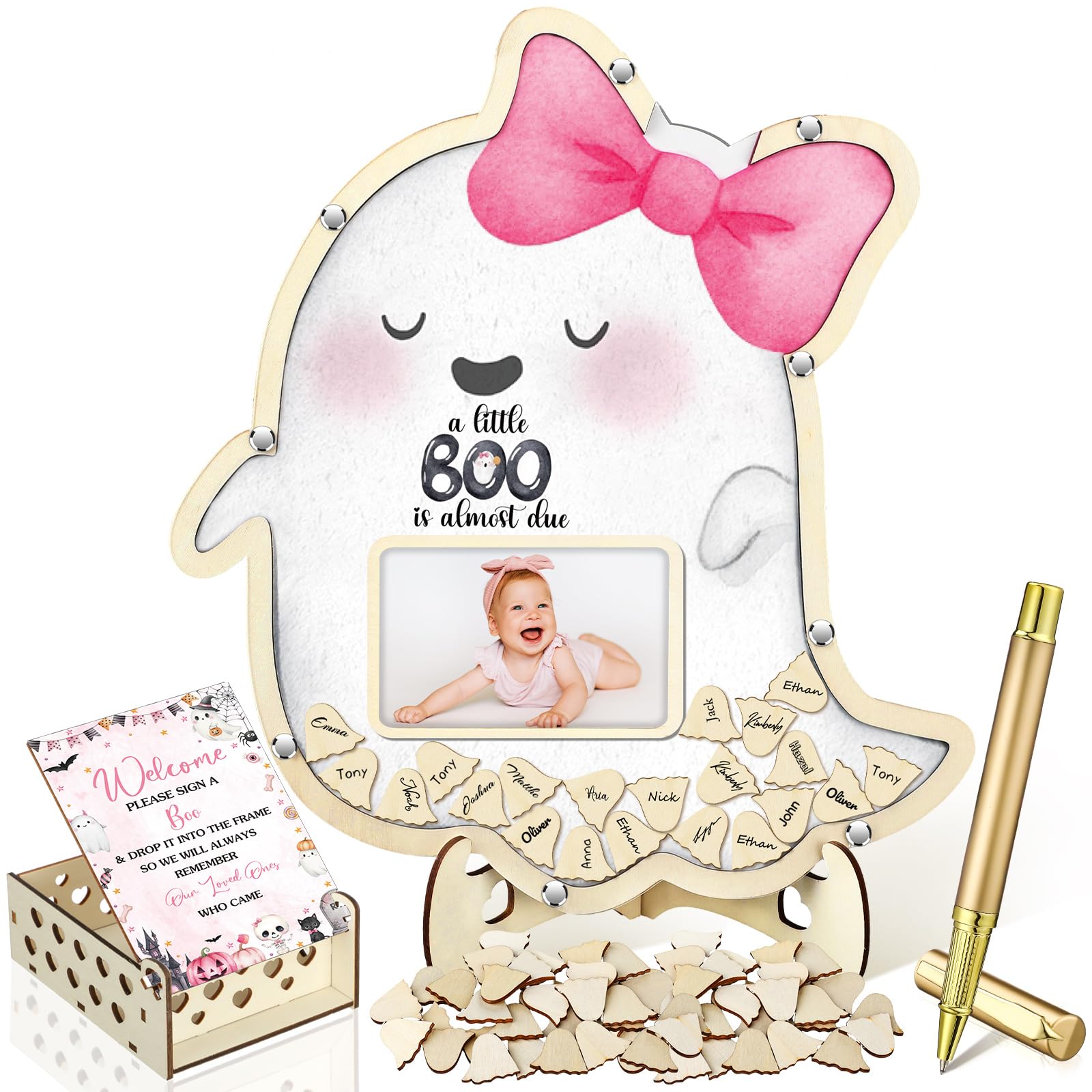 Wenqik 63 Pcs Pink Little Ghost Baby Shower Guest Book,Pink