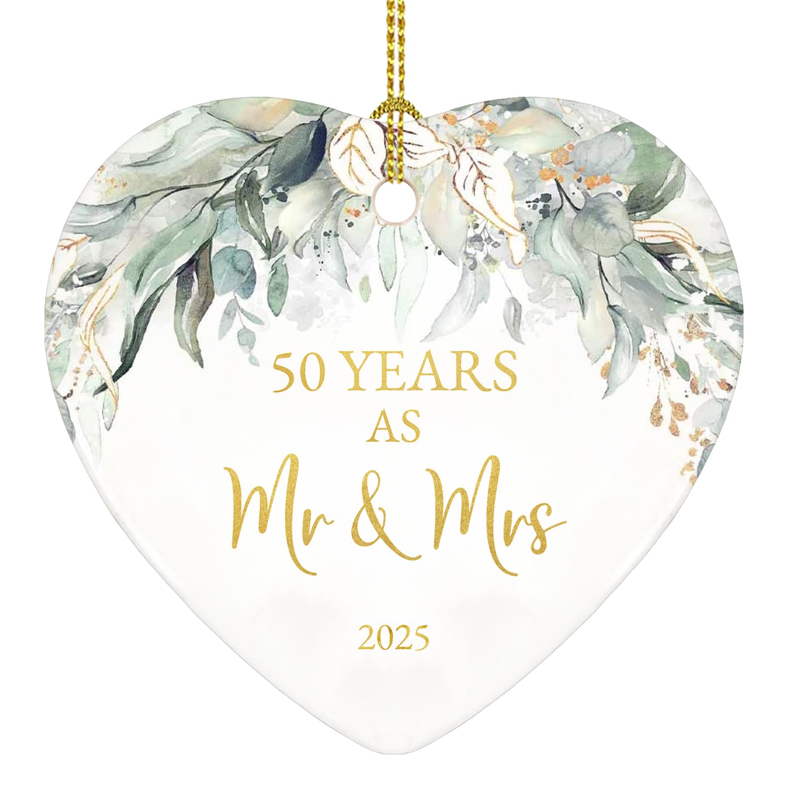 Chiranrise 50th Anniversary Ornament 2025, 50 Years Mr & Mrs Keepsake Gift, Gold & White Ceramic Heart Hanging Ornament