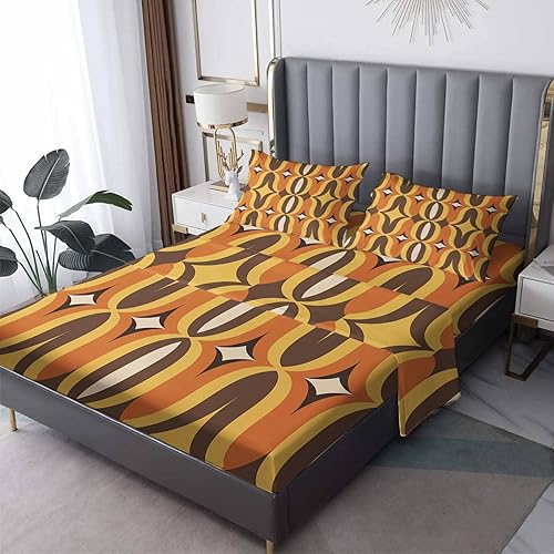Miniatura 13 de Juego de sábanas retro de tamaño California King, sábanas onduladas modernas de mediados de siglo, microfibra suave y bolsillo profundo, juego de