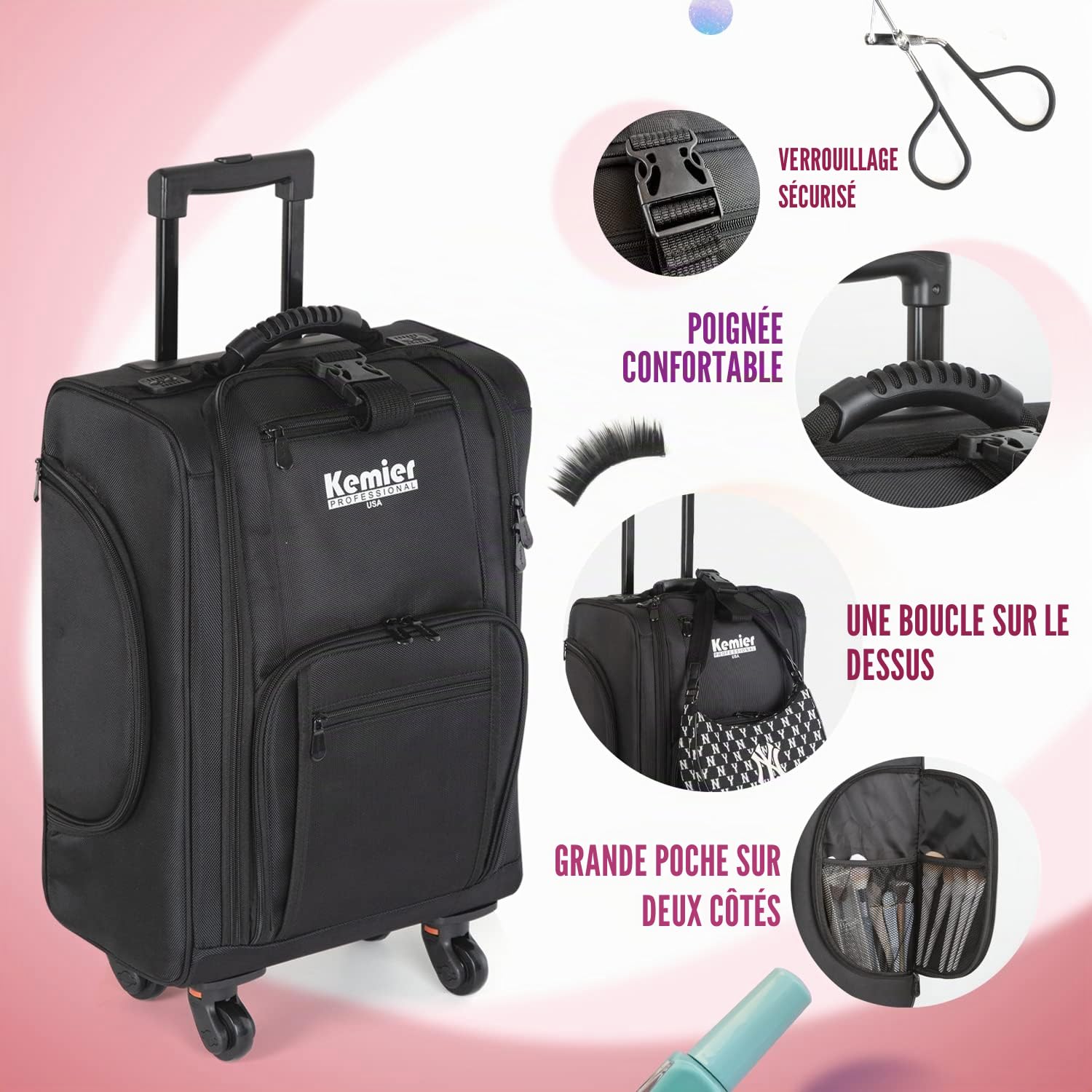 Mallette Maquillage en Nylon Souple à roulettes avec Pochettes, Organiseur Cosmétique Portatif de, Noir