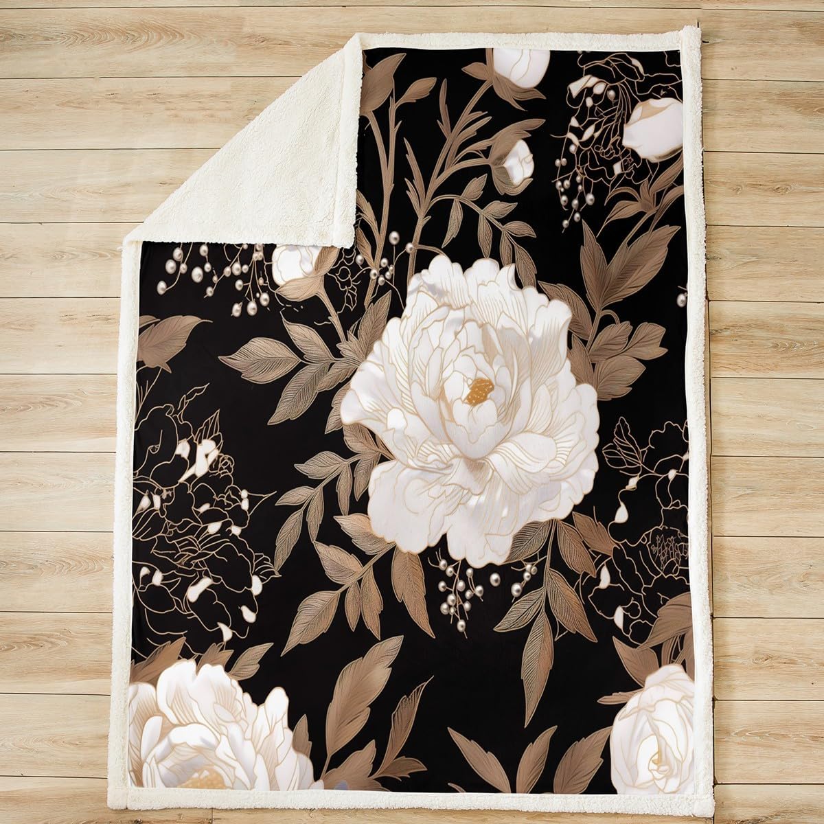 Feelyou Kids Adult Vintage Floral Fleece Throw Blanket Black Sherpa Gold Leaf Plant Pattern Plush Microfiber Fuzzy for Sofa Bed Couch 50"x60"