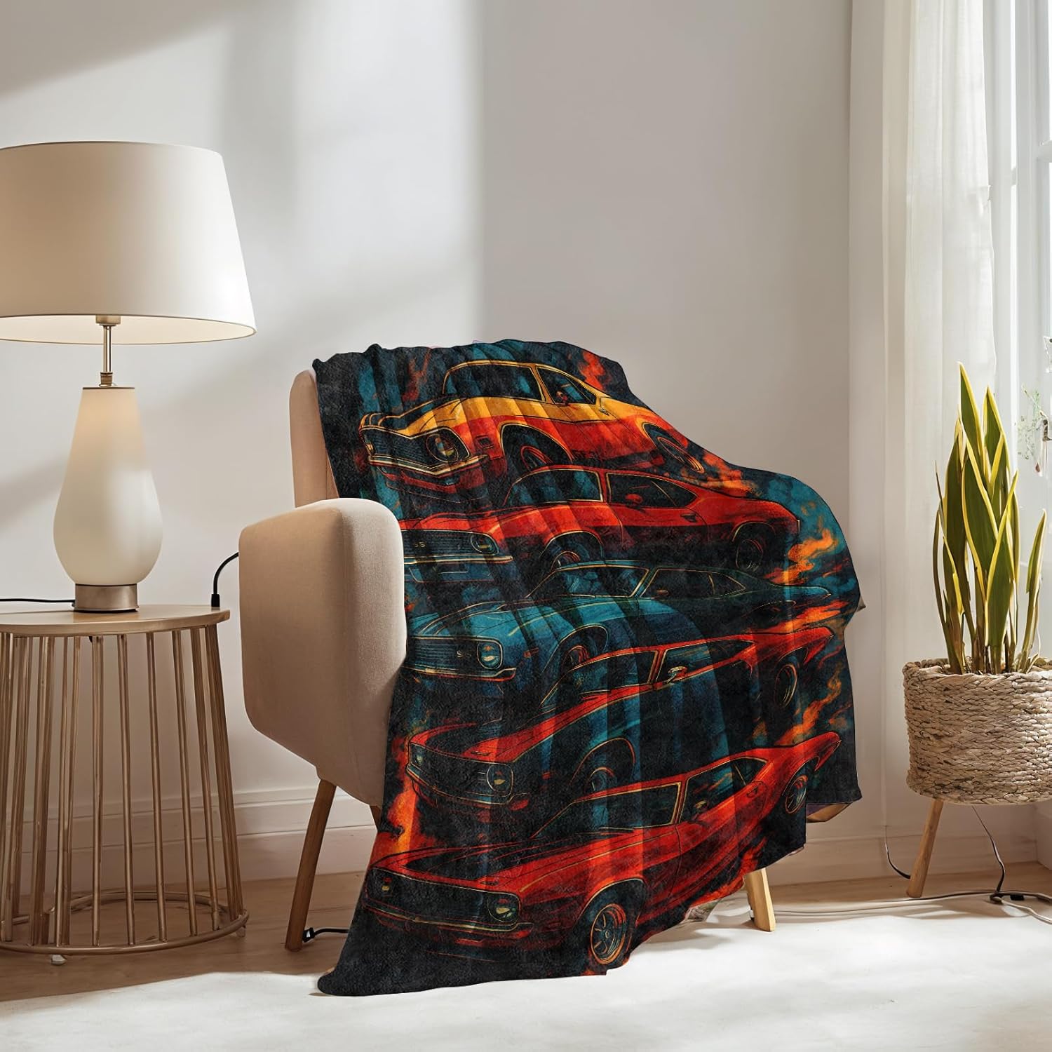 Muscle Car Blanket Gifts for Boys Girls Kids, Retro Classic American Cars with Flames Warm Soft Flannel Throw Blankets for Travel, Sofa, Room, Bedroom Birthday Christmas Spring Decor, 50x60 in