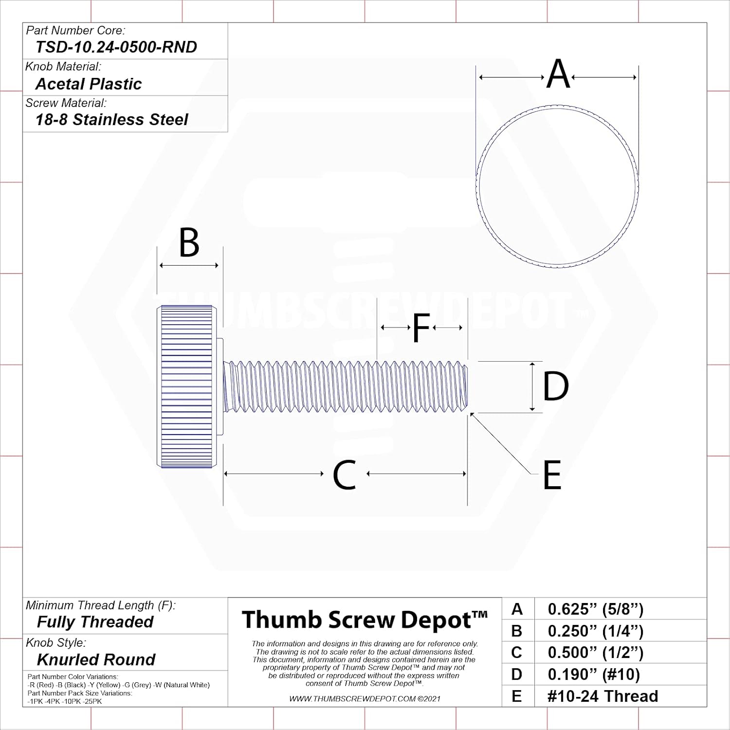 #10-24 x 1/2" Thumb Screw Stainless Steel - Red Knurled Round Plastic Knob - Standard/Coarse Thread Thumbscrew - Length: 0.500" - Proudly Built in USA - Package of (25)
