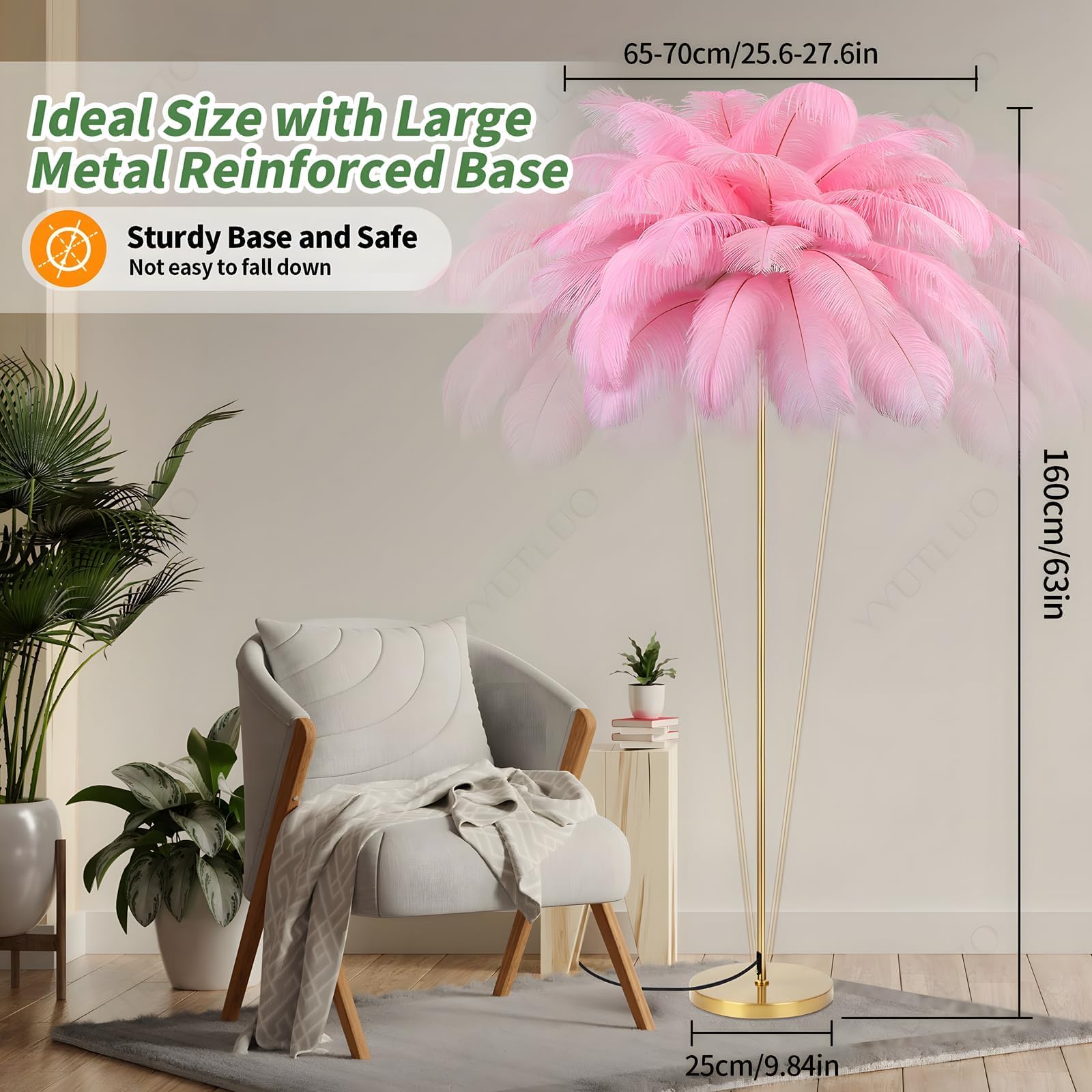Moderne Federlampe, Stehlampe Aus Natürlichen Straußenfedern, 160cm Hoch, Goldene Stange Und Sockel, Stehlampe, 3 Farbtemperaturen, G4 Led Lampen Wohnzimmer Kinderzimmer Schlafzimmer (Rosa)
