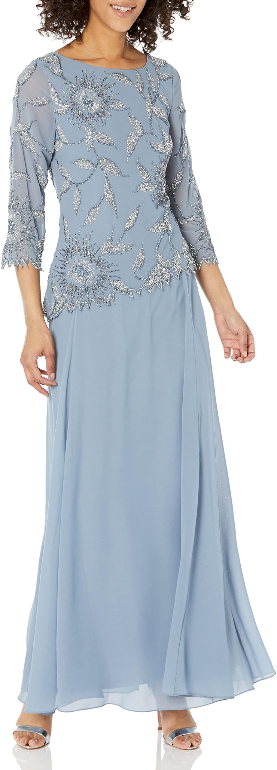 J Kara Womens Scoop Neck Line with 3/4 Sleeve Beaded Top Long Dress