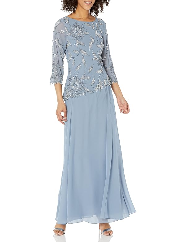 J Kara Womens Scoop Neck Line with 3/4 Sleeve Beaded Top Long Dress, Dusty Blue/Multi, 12 by J Kara - Used condition - US$110.35