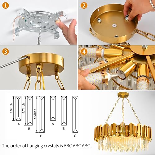 Miniatura 9 de Moderno candelabro de cristal dorado colgante de techo con 12 luces, candelabros redondos de cristal para comedor, lámpara colgante de cristal, para