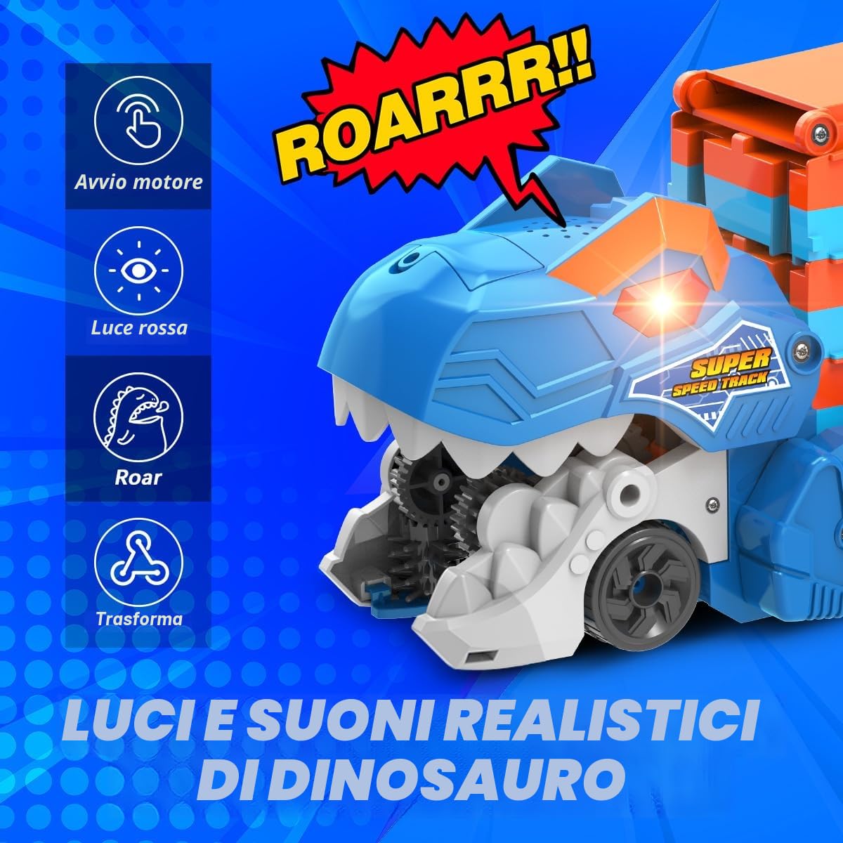 TERRAMUS Camion Trasporto Dinosauro - Set di Giocattoli Auto 3 in 1 con Eiezione, Pista Pieghevole Portatile per Bambini con 8 Auto da Corsa, Set di Giocattoli Auto Portatili per Bambini Ragazzi 3-5