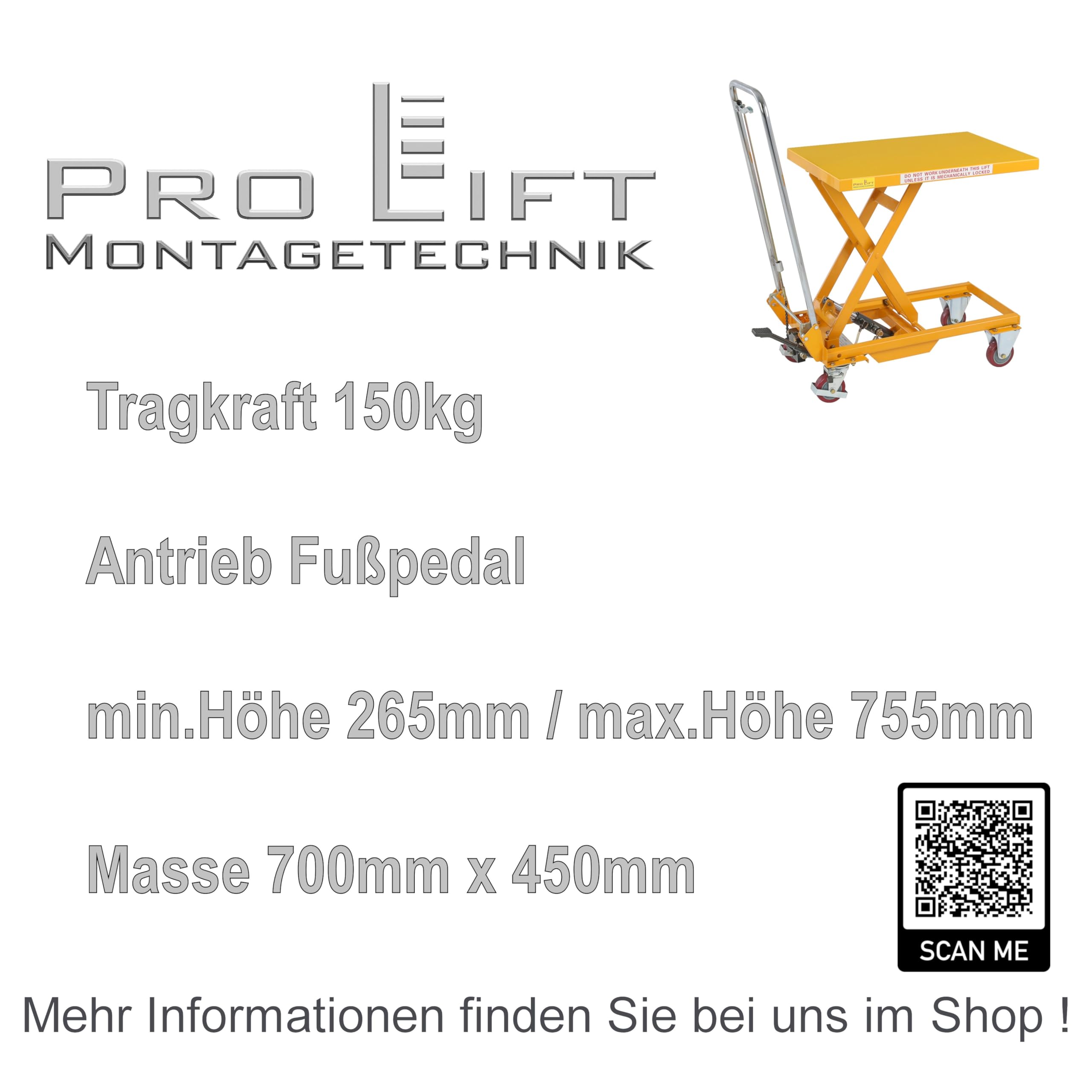 Hubtisch, Hebebühne 150kg Tragkraft, Höhe 265mm - 755mm, BS-15, 01565