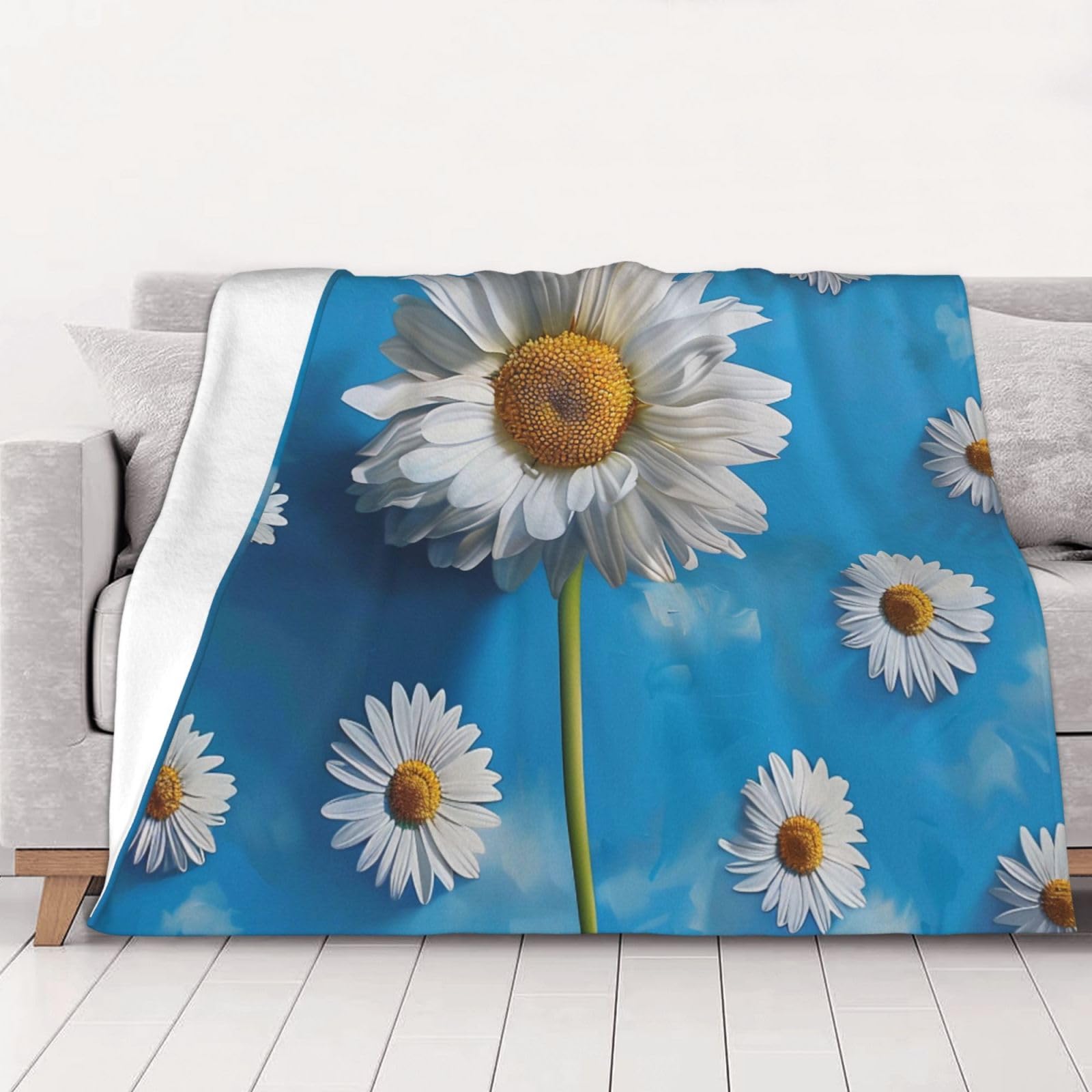 AUBKFELD White Flowers Printed Flannel Blanket 150x125 CM, Soft & Warm Throw Blanket for Sofa/Couch/Bed/Car, Gifts for Audlts Women Men