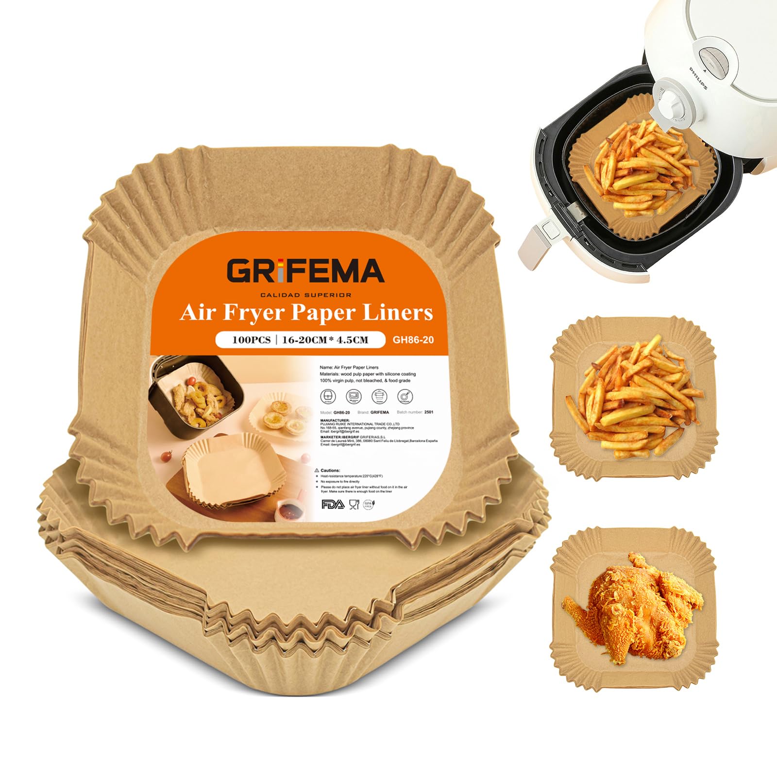GRIFEMA Square Air Fryer Paper for Cosori Cecotec 2-4 L, 100 Pack