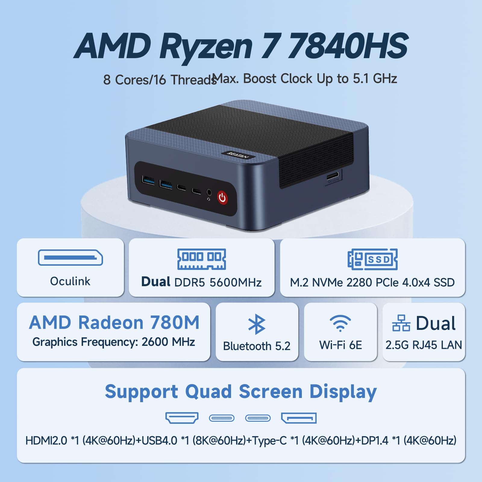 Reatan Mini PC AMD Ryzen 7 7840H 32GB RAM DDR5 5600MHz 1TB SSD