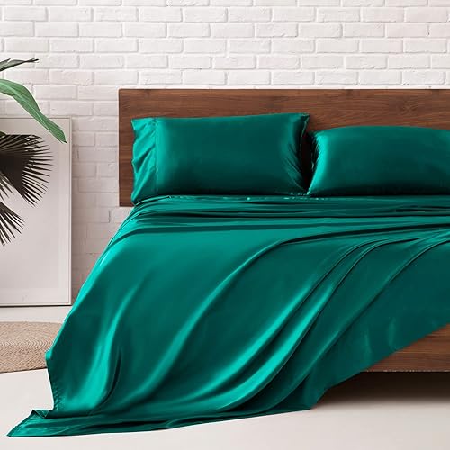 MR&HM Satin Bed Sheets, California King Size Sheets Set, 4 Pcs Silky Bedding Set with 15 Inches Deep Pocket for Mattress(California King, Peacock Green)