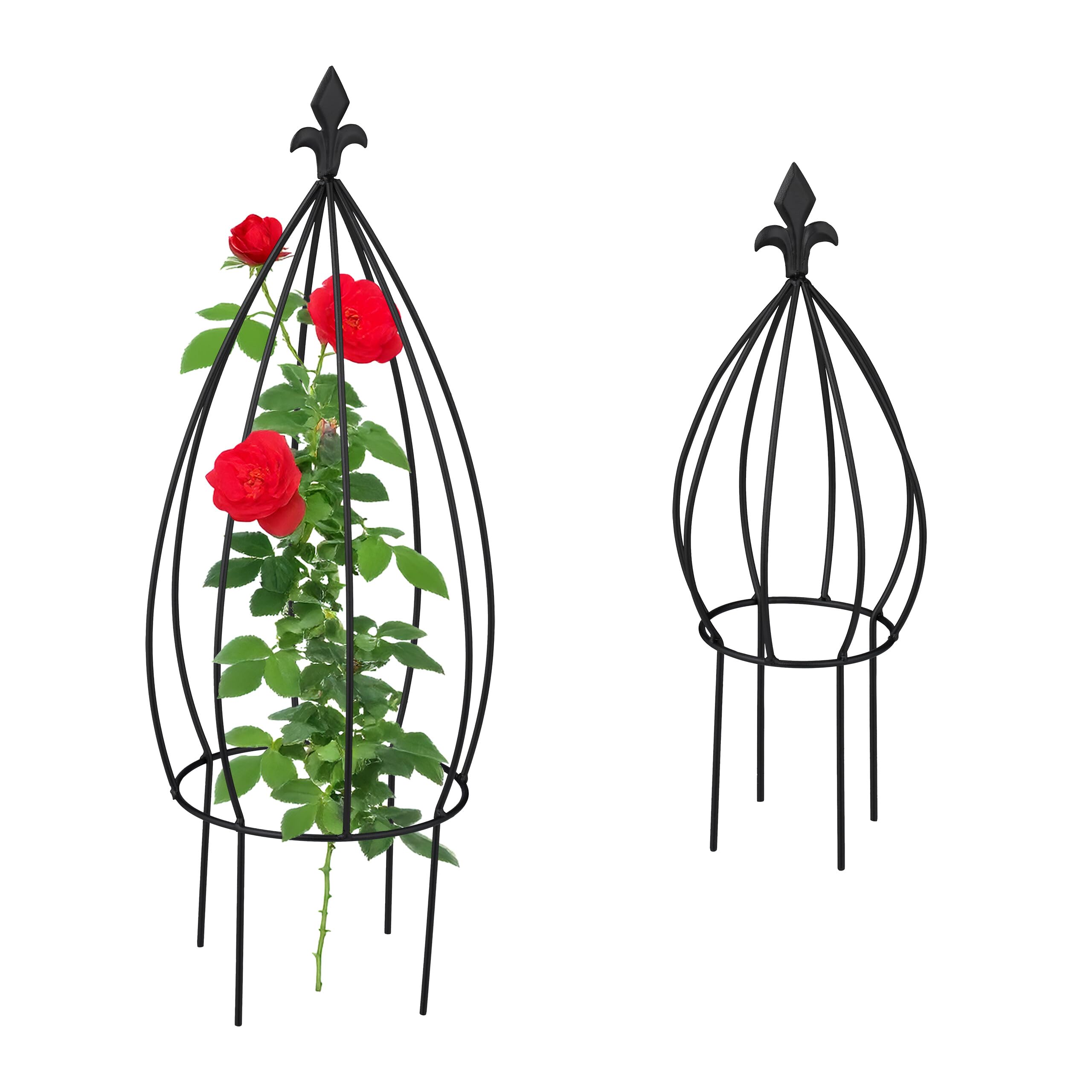 Relaxdays Plant Support, Set of 2, Bulb Shape, Free-Standing Climbing Aid, Metal Obelisk, Stake for Flowers, Black
