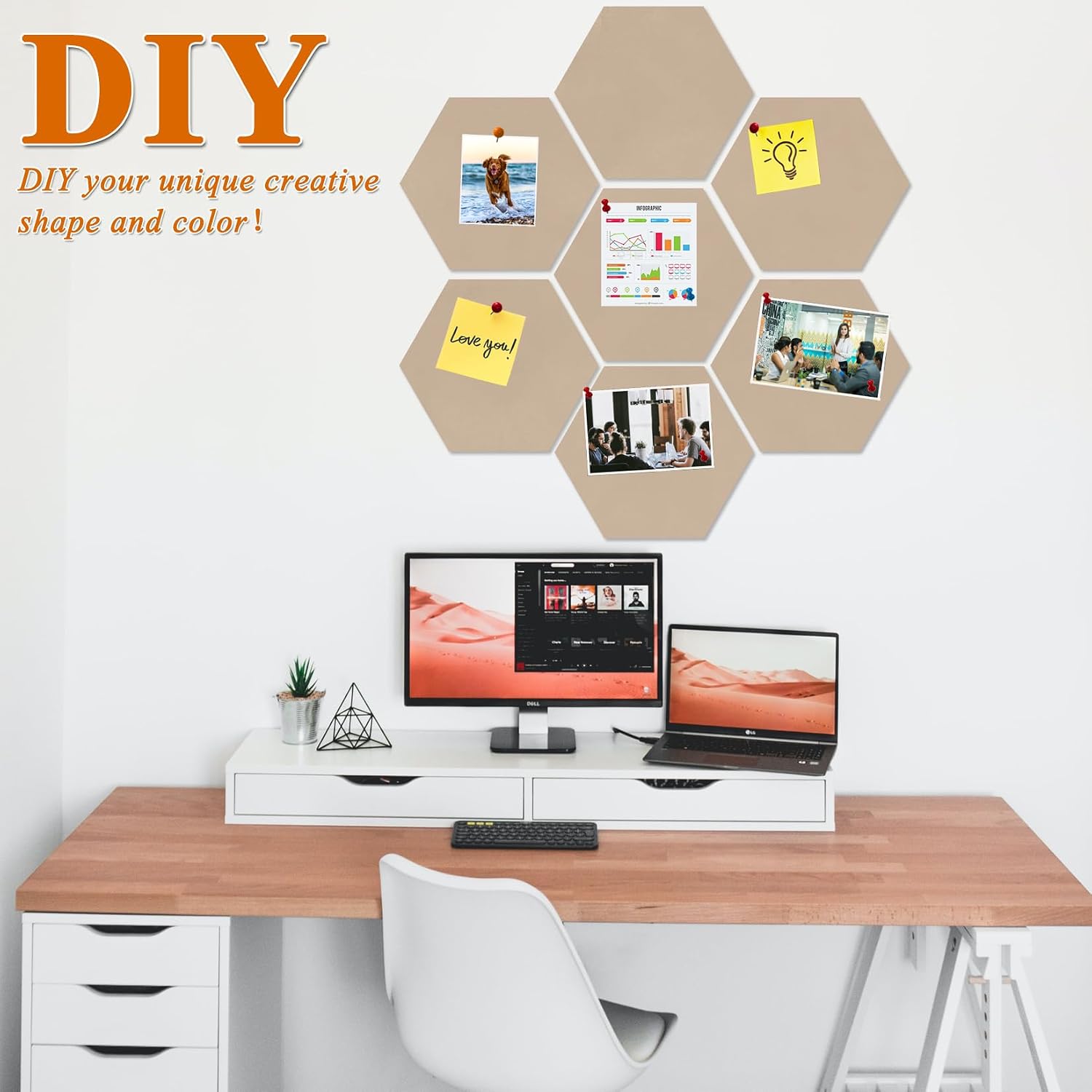 Large Hexagon Felt Cork Board Tiles, Self Adhesive DIY Felt Bulletin Board Pin Board with 35 Pushpins for Office School Home Wall Decor Stickers Memos Photos Display(Light Brown)