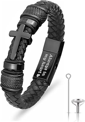 YOUFENG Urn Bracelet for Human Ashes Leather Cremation Knot Cross Bracelet Stainless Steel Keepsake Cuff Bangle Jewelry for Men