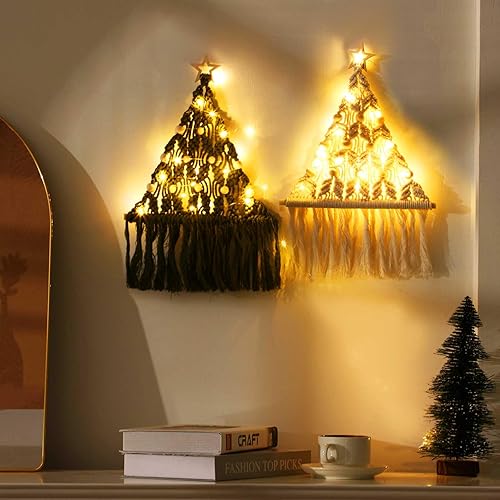 VIHOSE 2 piezas de ornamento tejido bohemio de macramé para colgar en la pared para árbol de Navidad con luces LED, decoración para colgar en la