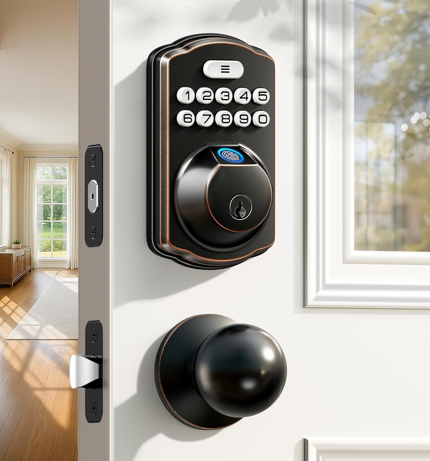 Veise Fingerprint Door Lock with 2 Knobs - Keyless Entry Door Lock with Handle, Electronic Keypad Deadbolt, Smart Front Handle Set, Auto-Locking, Waterproof, Easy Installation, Oil-Rubbed Bronze Oil Rubbed Bronze