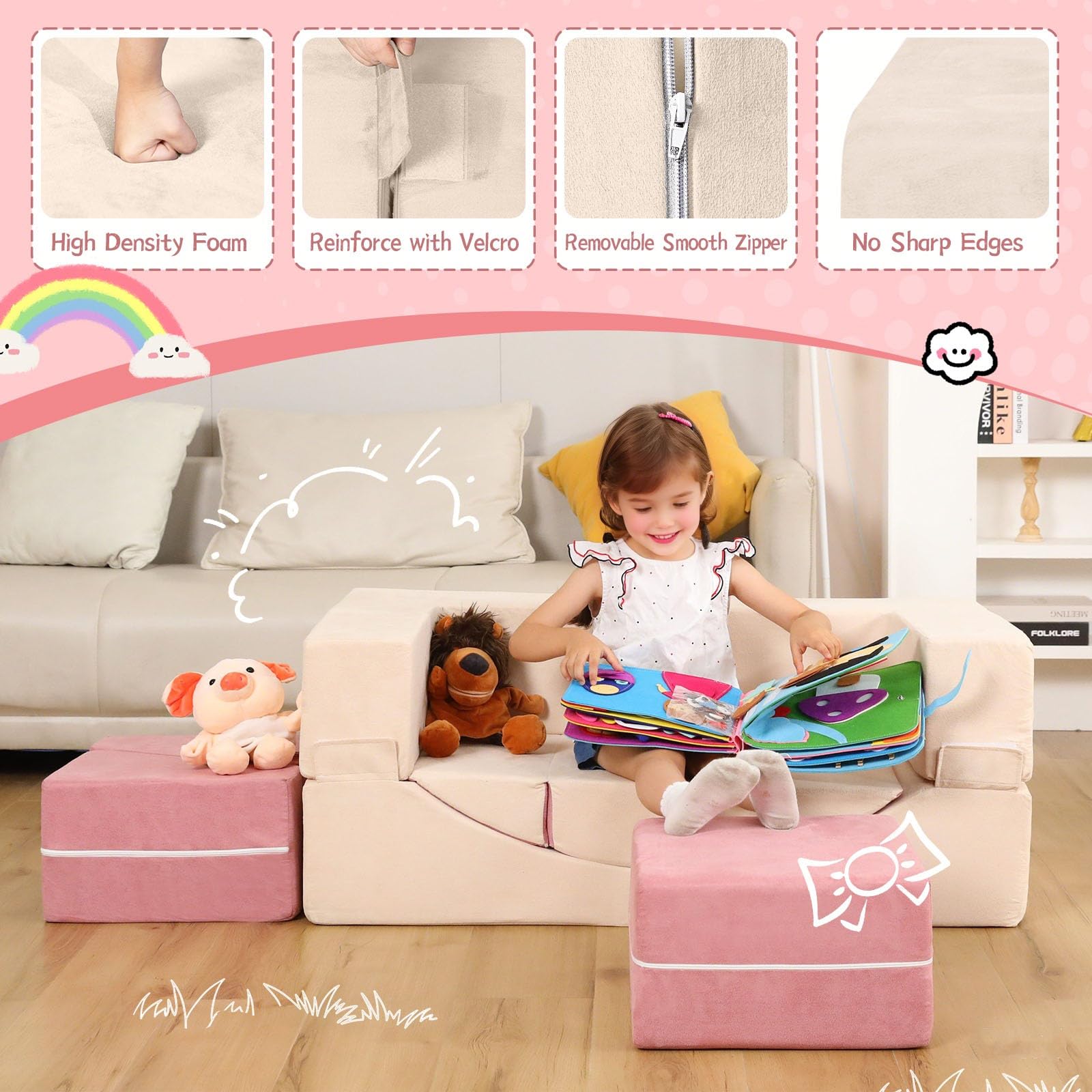 HAHASOLE Kids Couch, Modular Kids Sofa for Toddlers, Toddler Couch Foam Play Set, Convertible Sofa for Children