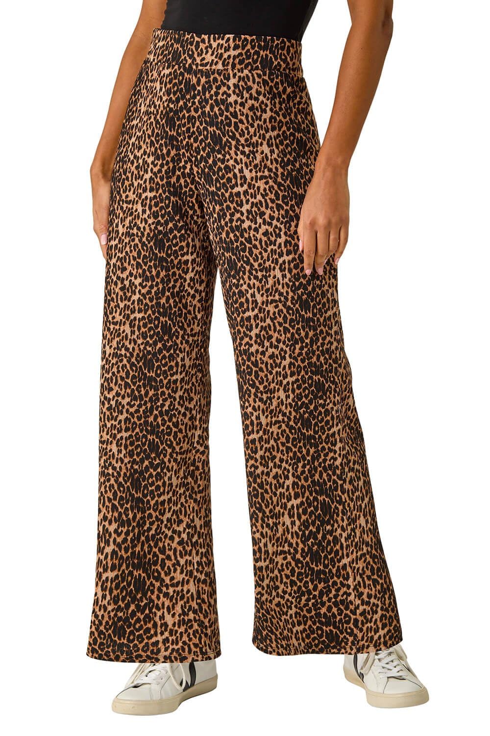 Roman Originals Tan Wide Leg Trousers For Women Uk Ladies Palazzo Pants Evening Jersey Elasticated High Waist Smart Flared Culotte Office Work Going Out Loose Crepe Bottoms - - Size 12