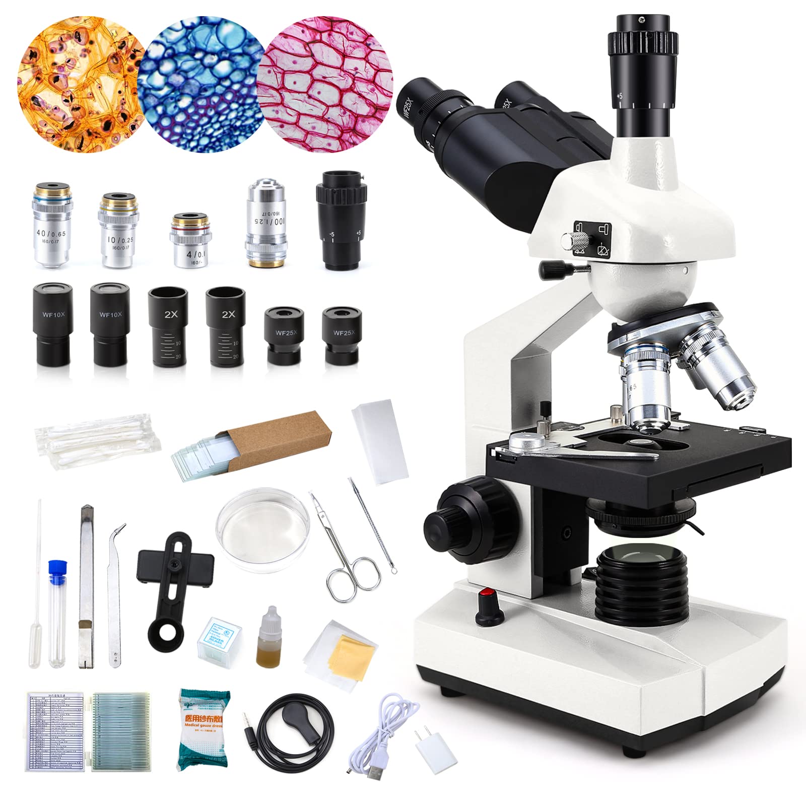 40X-5000X Microscopes trinocular for Kids Students Adults, with Prepared Slides 30p, Microscope Accessories, Compound trinocular Microscope,Microscopes for School Laboratory