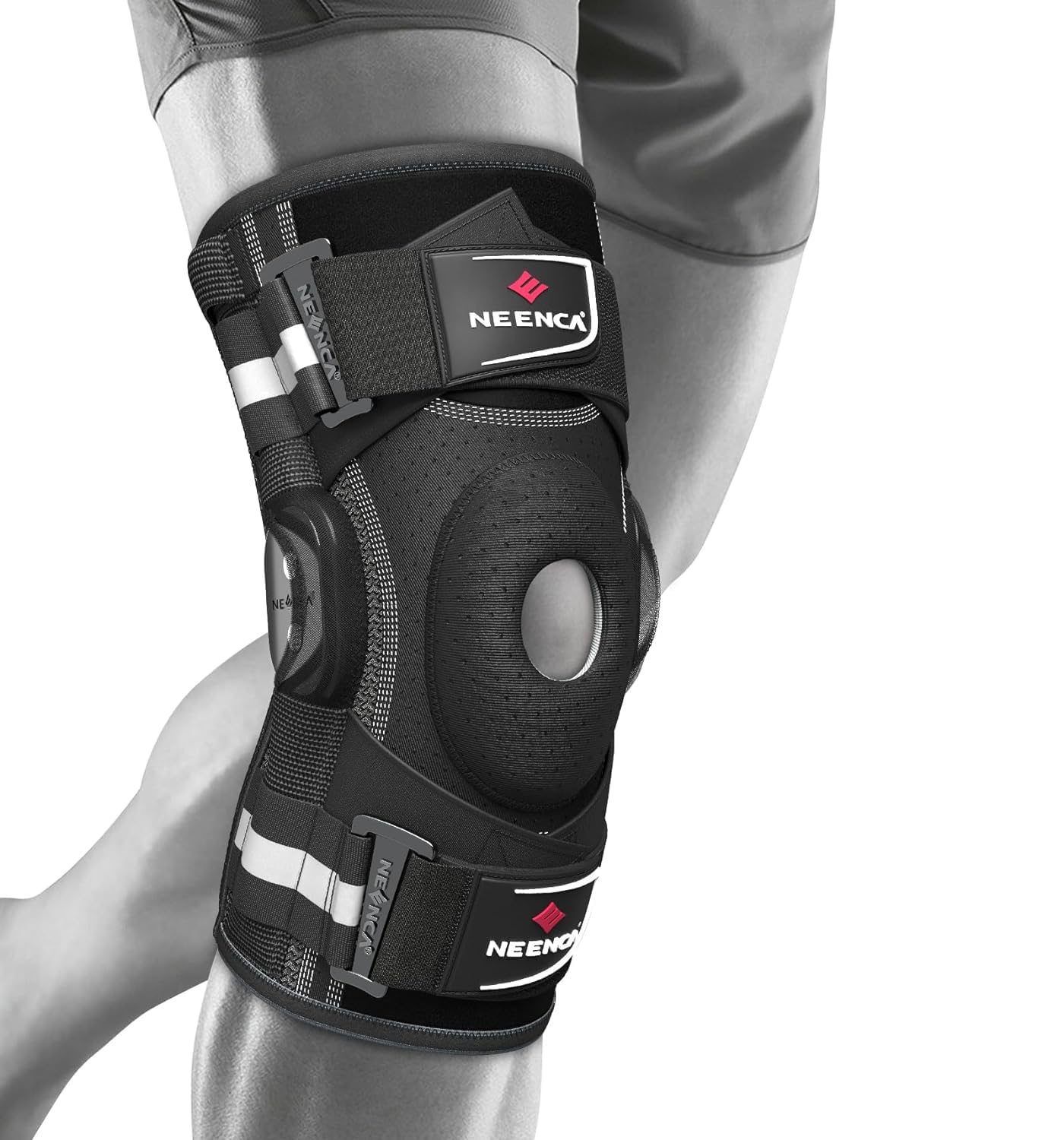 NEENCA Rodillera profesional para dolor de rodilla, soporte de rodilla ajustable con bisagras con sistema de fijación patentado X-Strap, fuerte estabilidad para alivio del dolor