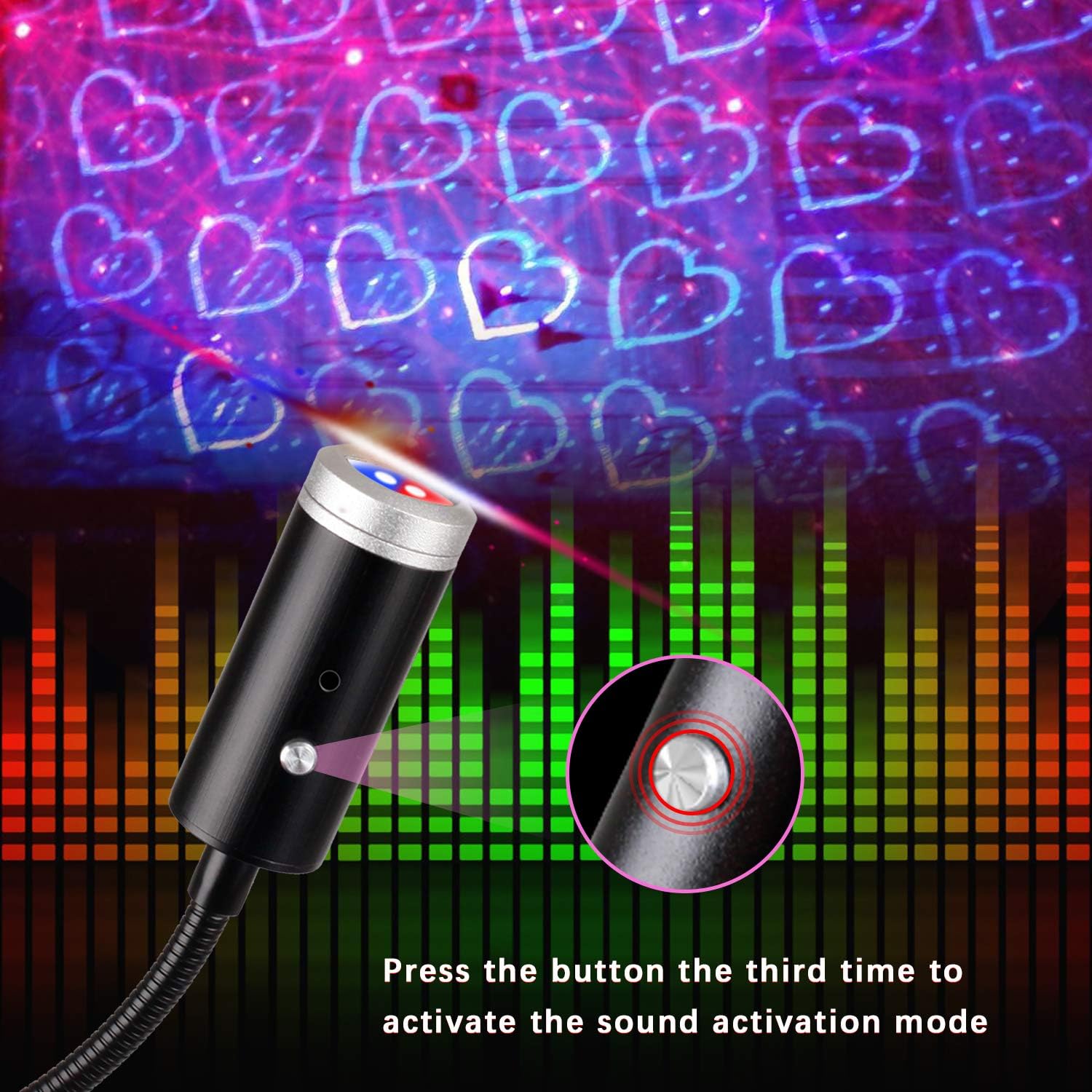 USB Star Night Light,9 Functional Modes | 24 Lighting Effects,Sound Activated Strobe Atmosphere Decorations for Car Interior,Ceiling, Bedroom, Party and More (Blue&Red)