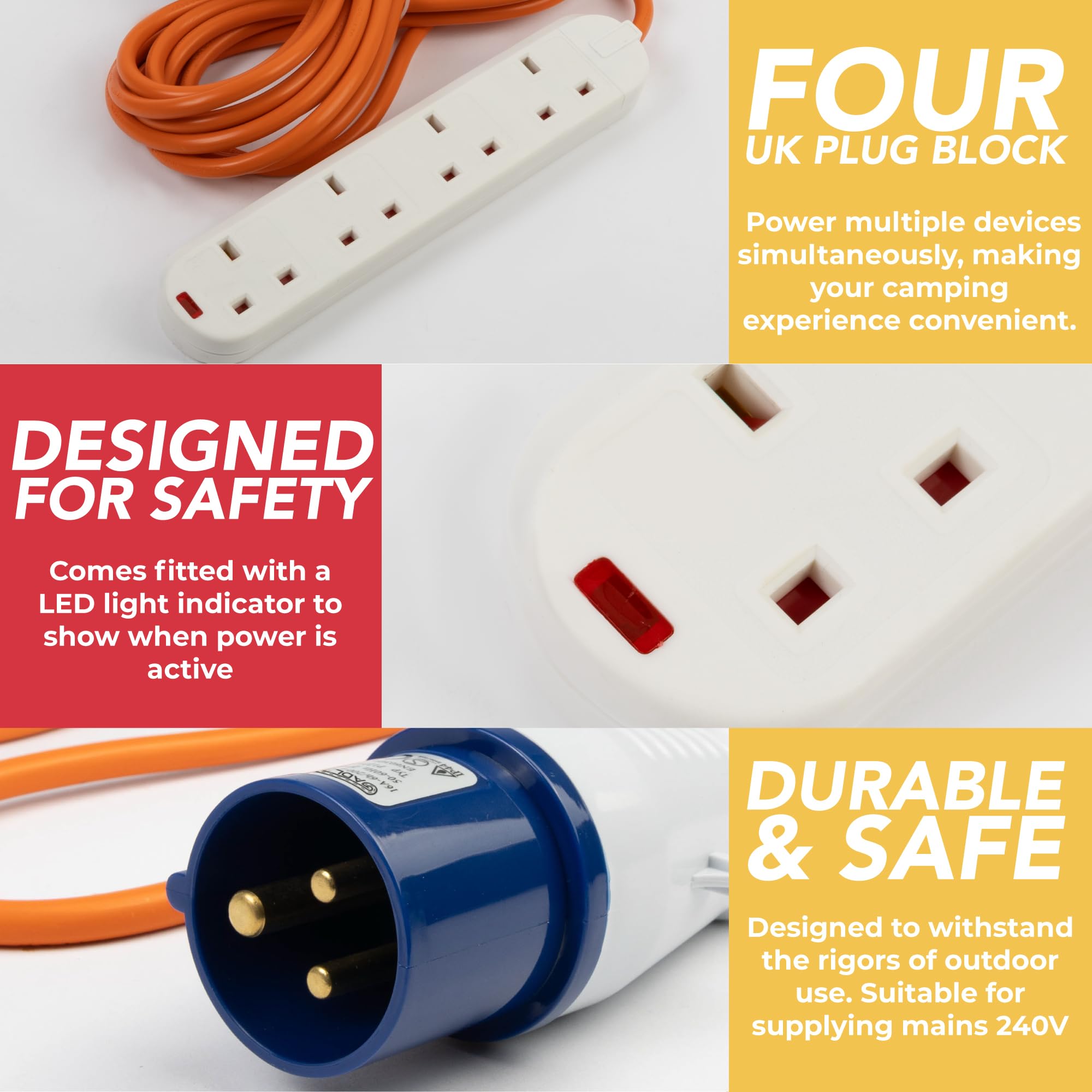 GADLANE Camping Electric Hook Up Cable - Heavy Duty 10 Metre, 4 Gang Electric Hook Up for Camping, Mobile Homes, Refrigerated Vehicles - High Visibility 16A Caravan Extension Lead (10M) — view 4