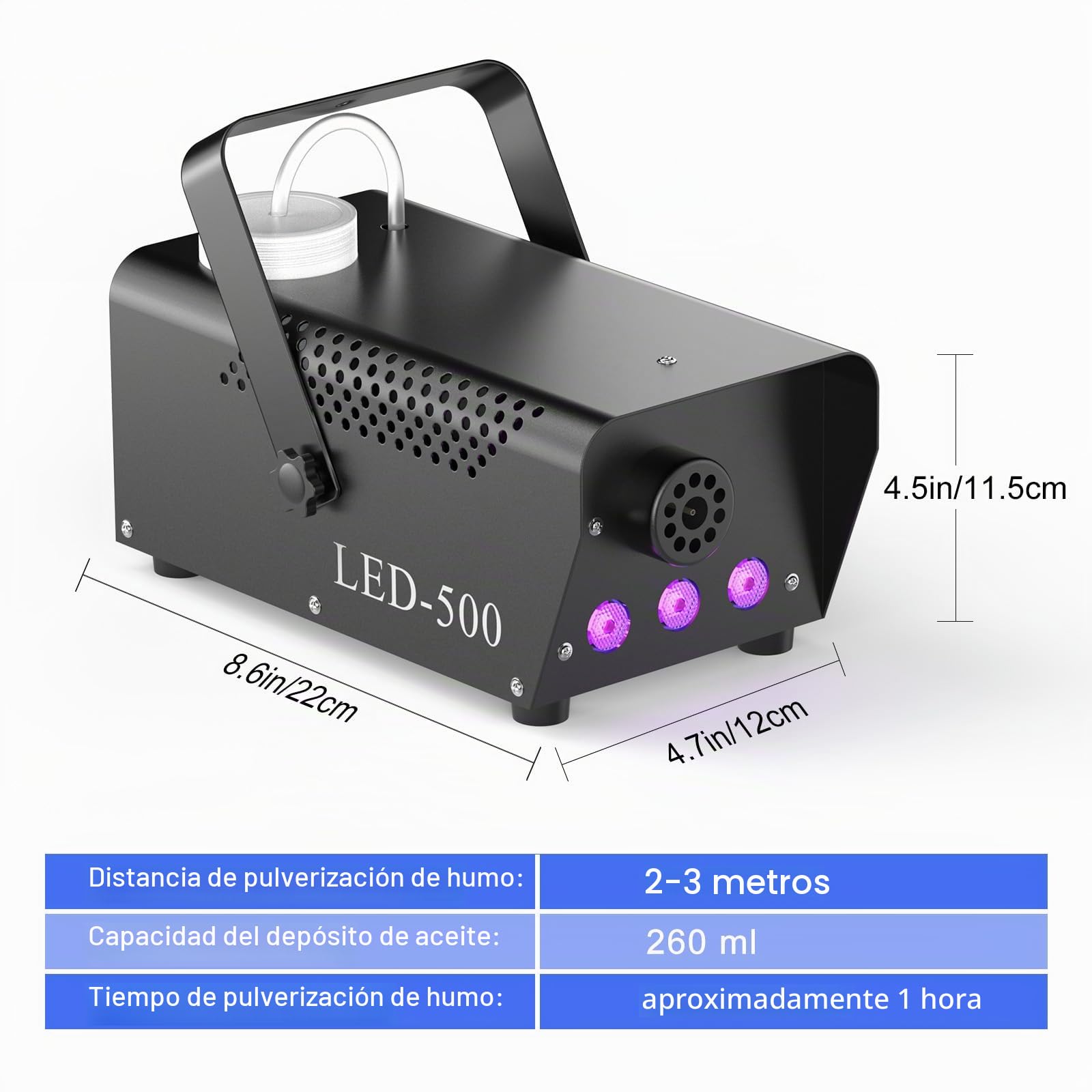 Máquina de humo portátil de 500 W, 3 RGB LED, máquina de humo con mando a distancia para Halloween, Navidad, fiesta, boda