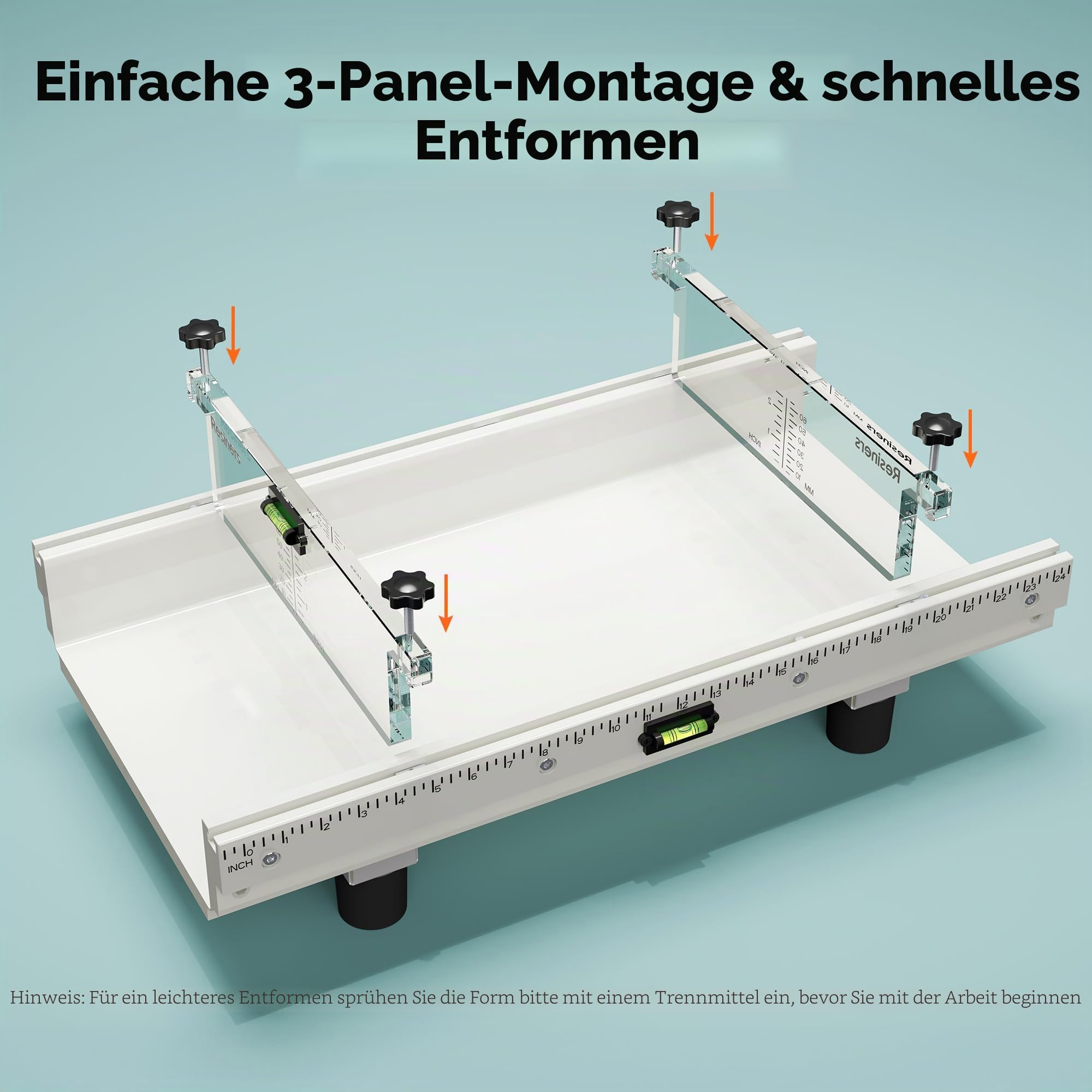 Resiners Epoxidharz-Form mit verstellbarer Trennwand, 61 x 30,5 x 7,6 cm, mit Wasserwaage, Füllklemmsystem und transparenter Tiefenplatte, ideal