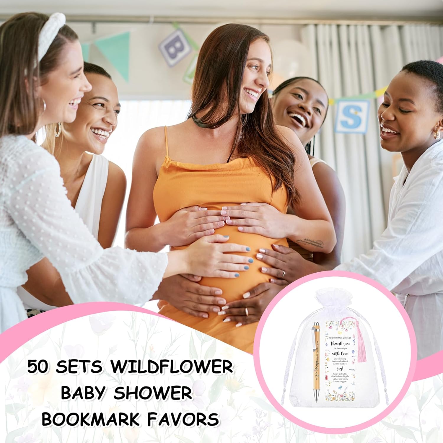 50 Sets Wildflower Baby Shower Favors for Guests, Little Wildflower Ballpoint Pens Thank You Bookmarks Organza Bags for Baby Shower Party Favors Gender Reveal Gifts Souvenirs Prizes Return Gifts