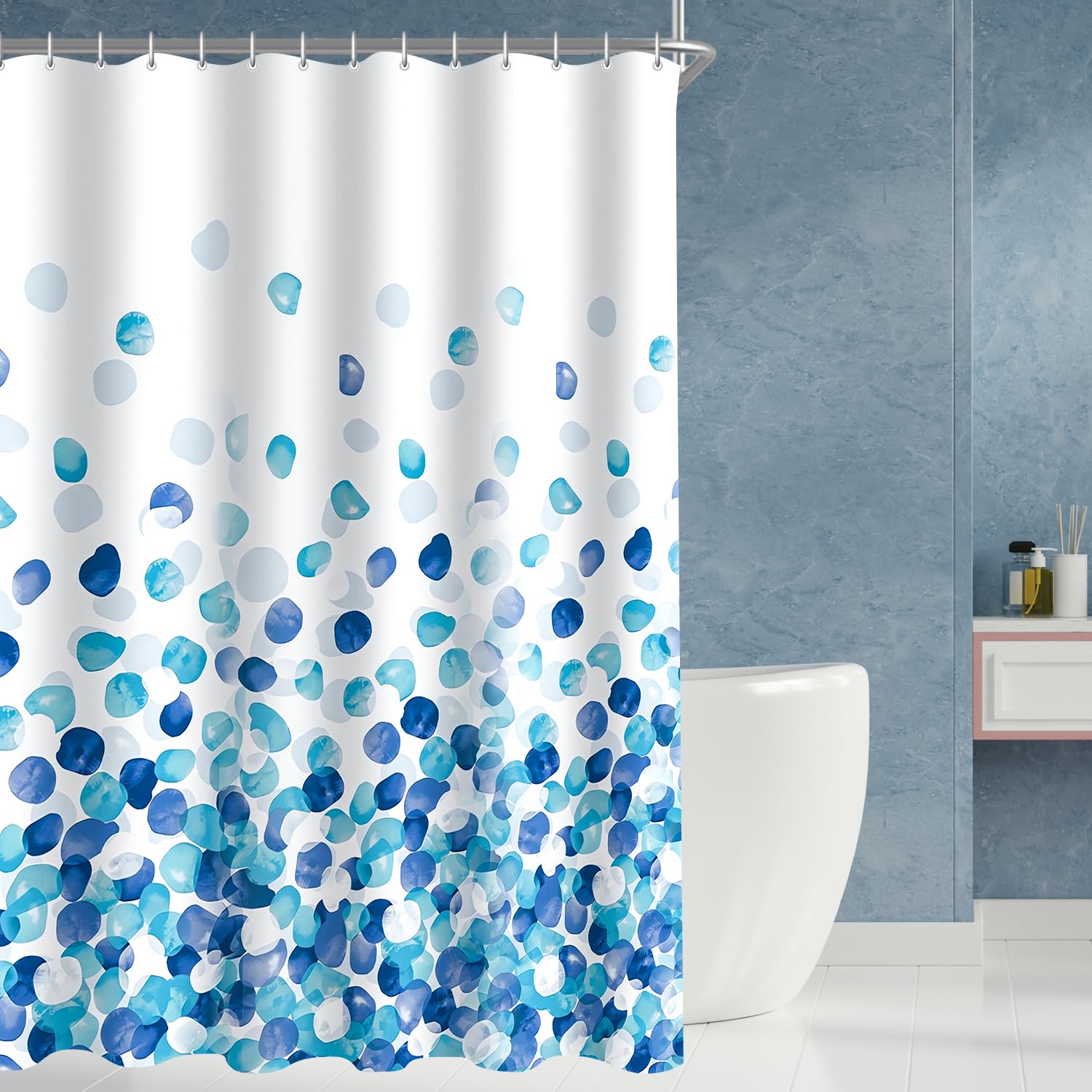 Lerores Shower Curtain, 280 x 200 cm, Blue Petals, Weighted Hem, Anti-Mould Textile, Water-Repellent