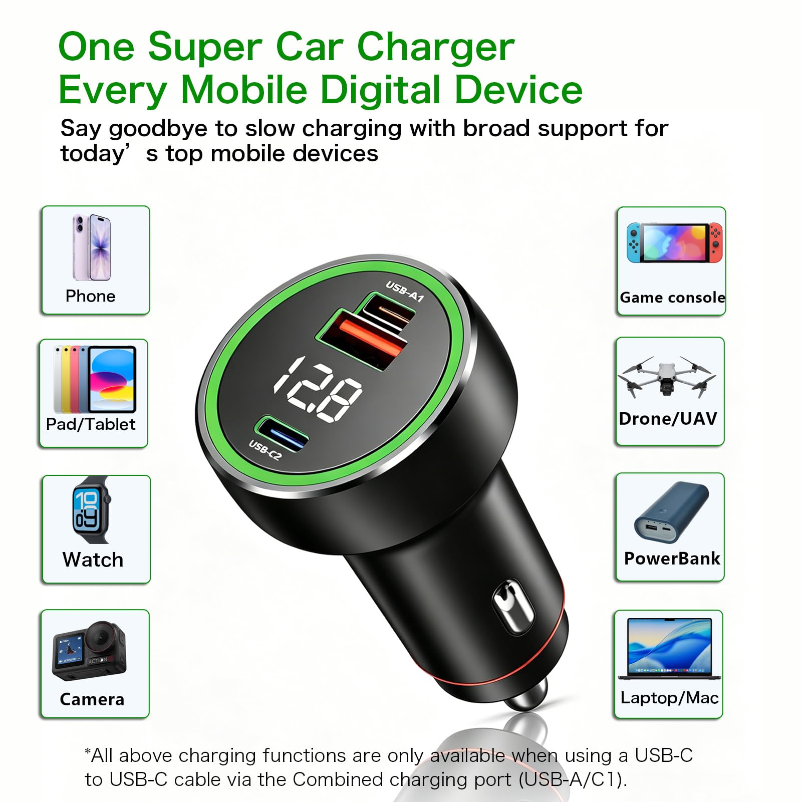 Cargador de coche todo en uno para OnePlus, Oppo, Realme, Samsung, iPhone, Xiaomi, Redmi y Poco, para smartphones, tabletas, ordenadores portátiles y relojes inteligentes (añadir cable de 2 m)