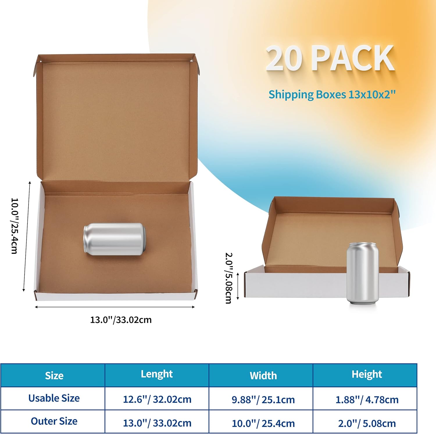 EYMPEU 13x10x2 Inches Shipping Boxes Set of 20 White Corrugated Cardboard Mailing Boxes for Packaging, Small Business, Literature, Mailer