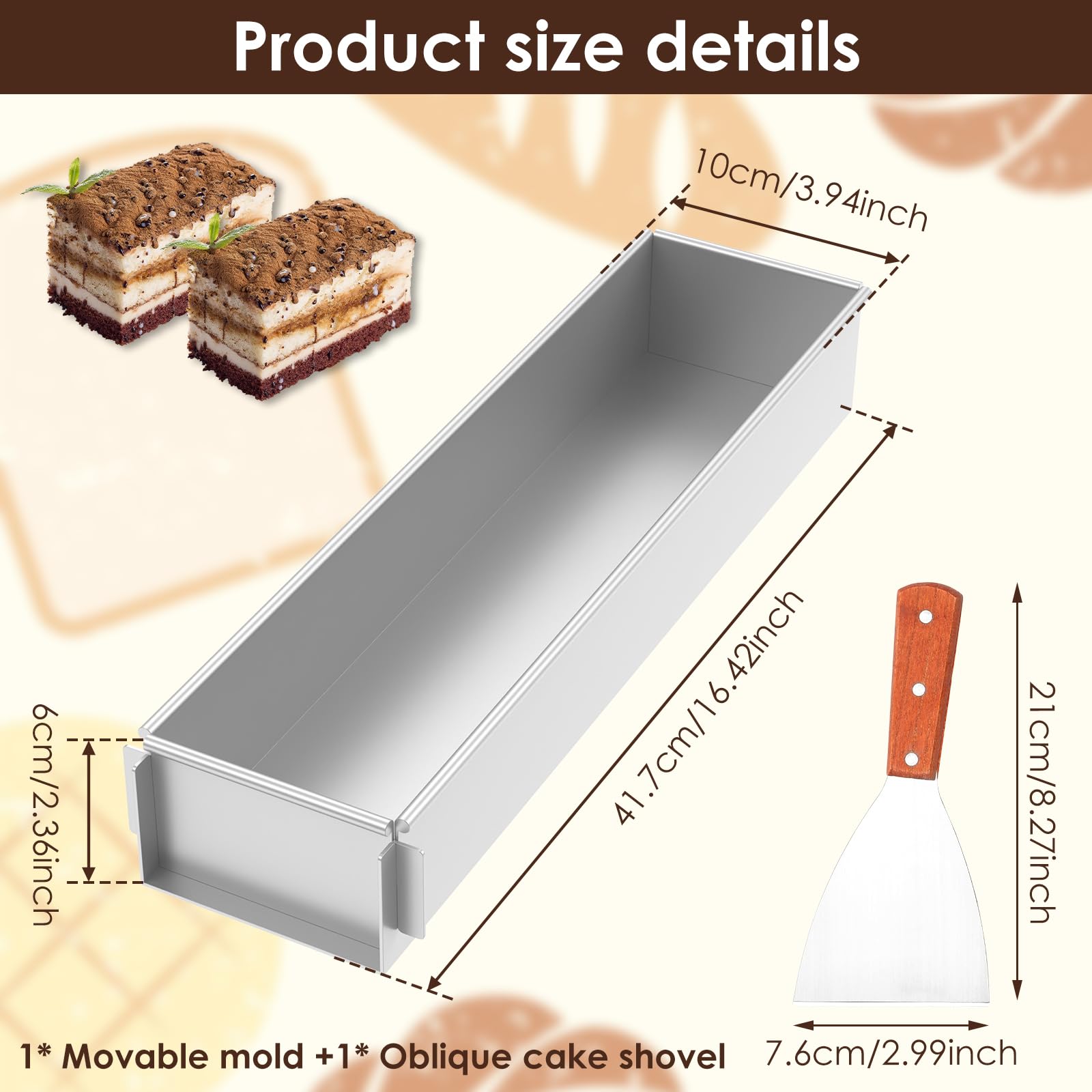 Rechteckig Backform Verstellbar, Tiramisu Form mit Antihaftbeschichtung, Aluminiumlegierung Backform mit Pfannenwender, Abnehmbares Seitenteil, für Mousse Käsekuchen Lasagne Brot Toast(Stil1)
