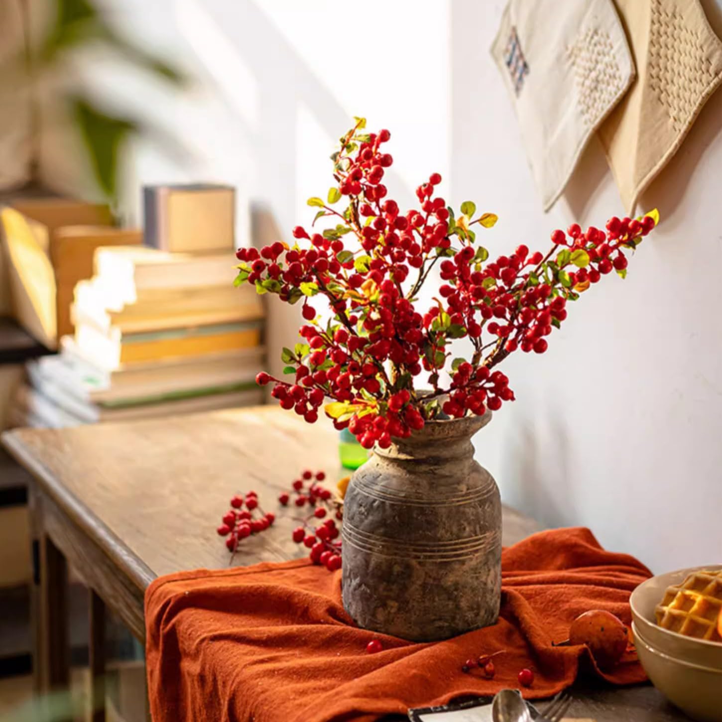 Rustic Reach Artificial Fruit Berry Stem in Red 17" Tall Silk Plant Five Stems