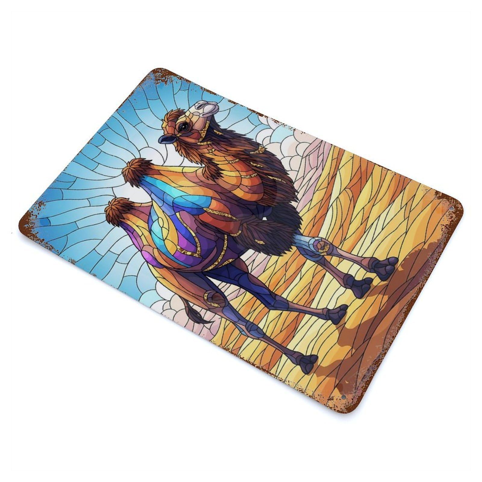 Distressed Metal Wall Sign with Stained Glass Camel in Desert Landscape Design 11.8"x7.9", for Living Room, Hallway And Home Decor, Vintage Wall Decor