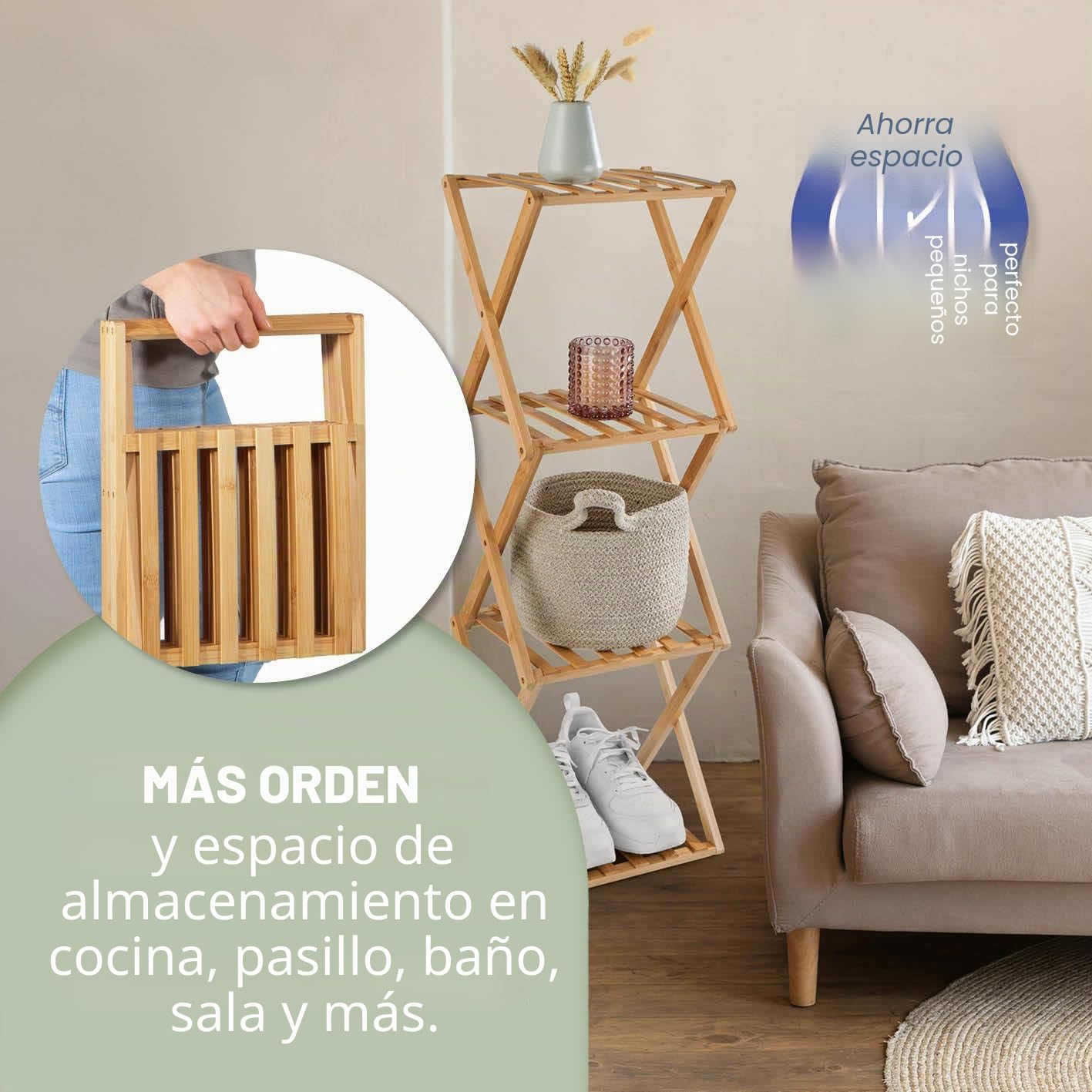 Lumaland Estantería de bambú Plegable de 4 Niveles, Ideal para guardarropa, en el baño y como estantería de Cocina, estantería para decoración, sin Montaje, Estrecha, Ahorra Espacio, 28 x 25 x 85 cm