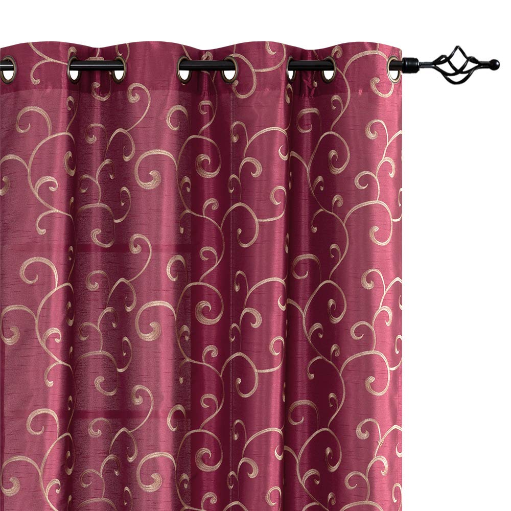 jinchan Curtains Burgundy Red 96 Inches Long Living Room Drapes Faux Silk Dupioni Swirl Vintage Grommet Top Window Treatment Set Embroidered Drapery Bedroom Curtain, 2 Panels Set