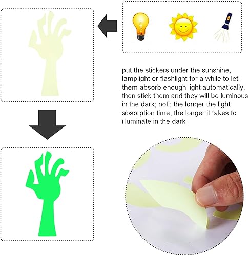 Miniatura 6 de Juego de 4 calcomanías de pared que brillan en la oscuridad, 4 piezas de calcomanías luminosas con forma de manos de fantasmas y 18 pares de