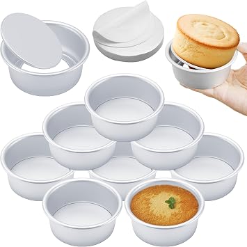 AWTBDP 4 Inch Round Cake Pan Set of 8, Nonstick Aluminum Baking Pans with 100 Sheets Parchment Paper, Easy Pop Out Removable Bottom Cake Pans for Mini Cheesecakes, Dessert, Pizzas and Quiches