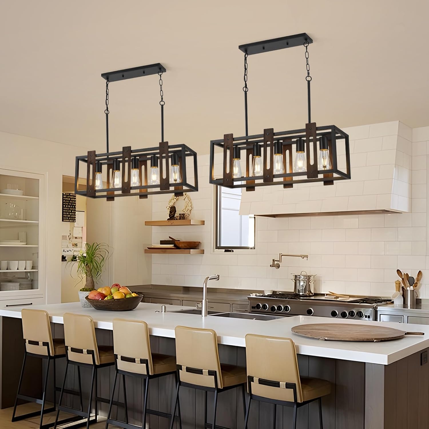 5-Light Farmhouse Linear Light Fixture Black Chandelier, Vintage Wood Kitchen Island Light Fixtures, Rectangular Metal Cage Table Pendant Lighting for Dining Room, Kitchen,Living Room(26"x9"x10")