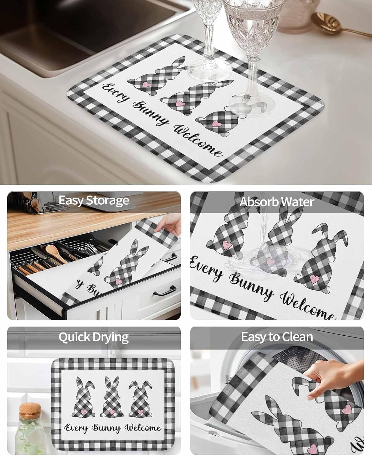 2 Pack Dish Drying Mats,Easter Spring Bunny Rabbit Super Absorbent Microfiber Dishes Drainer Mat Black White Buffalo Checkered Reversible Drying Rack Pads for Kitchen Counter Sink