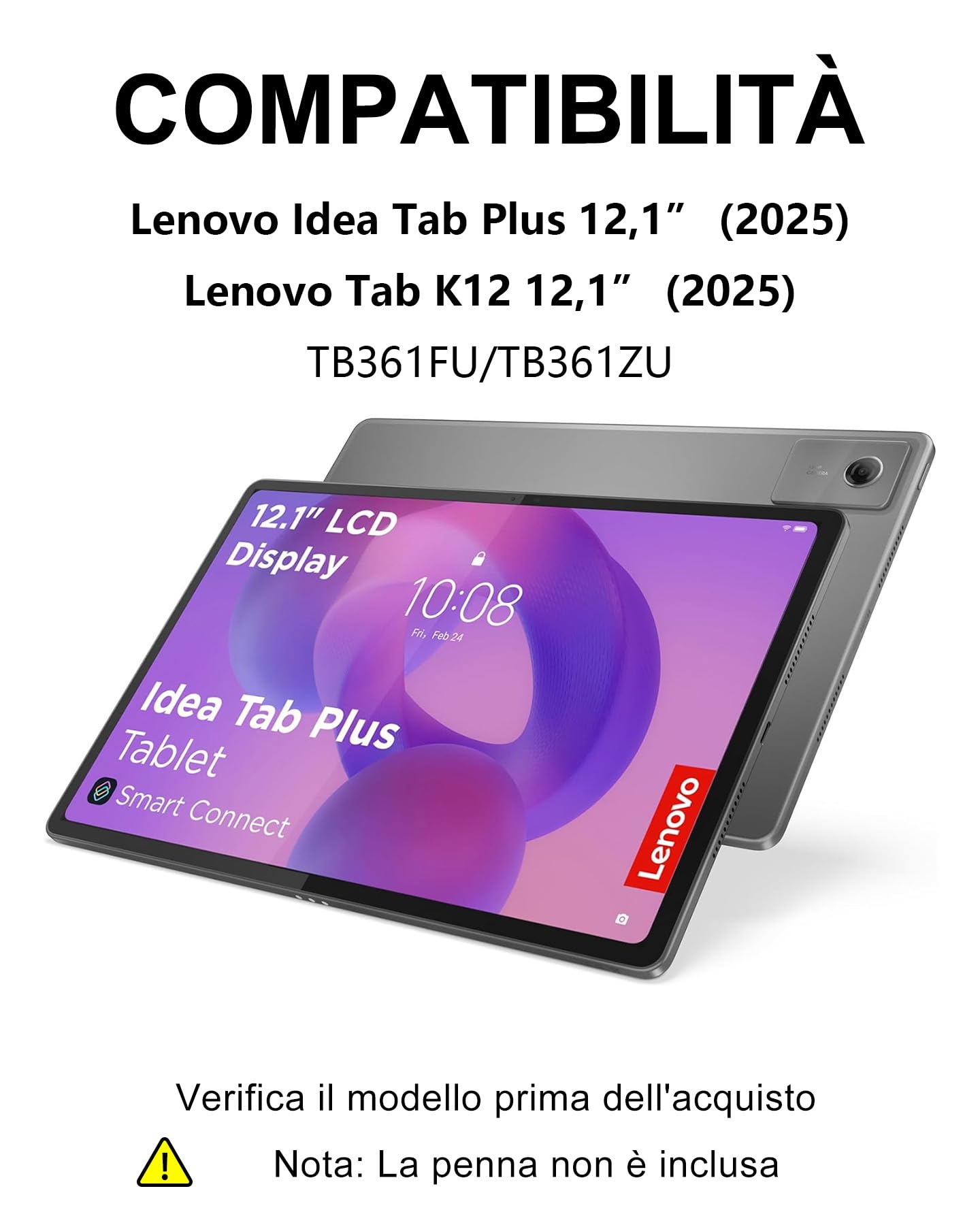 Cover con Tastiera per Lenovo Idea Tab Plus 12.1" (2025) & Tab K12 12.1" TB361FU/TB361ZU, Italiano, Con Retroilluminazione 7 Colori e Touchpad, Bluetooth, Fascia Penna