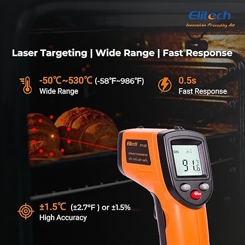 Miniatura 4 de Elitech Pistola de temperatura láser, termómetro infrarrojo digital sin contacto, emisividad ajustable, luz de fondo, de mano para parrilla, carne,