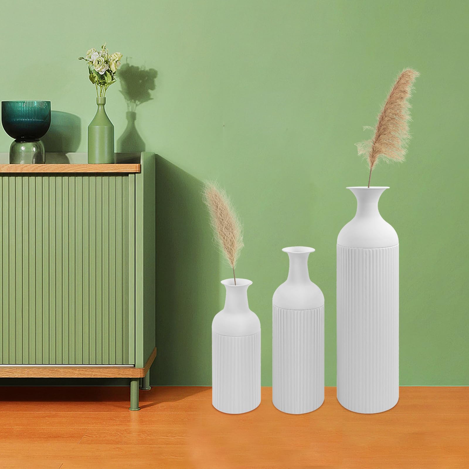 Bodenvase Groß Schwarz, 67/50/40cm Hohe Bodenvasen Set of 3, Dekovase Standvase Zylinder Vase Kunstblume Aus Hochwertigem für Esszimmer Schlafzimmer Corner Flur Büro (Weiß)